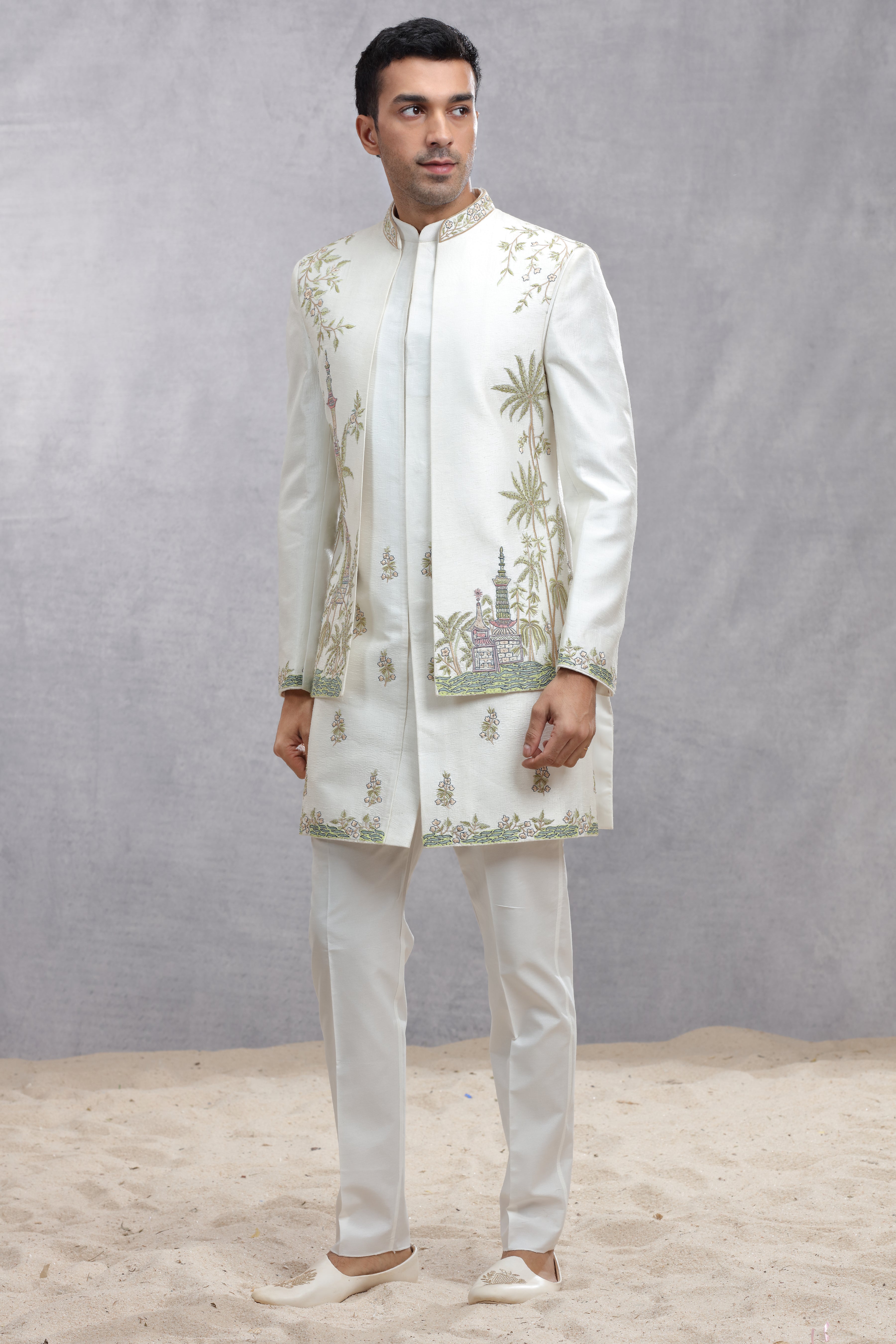 Ivory Raw Silk Indo Western with Contrast Color Thread Embroidery