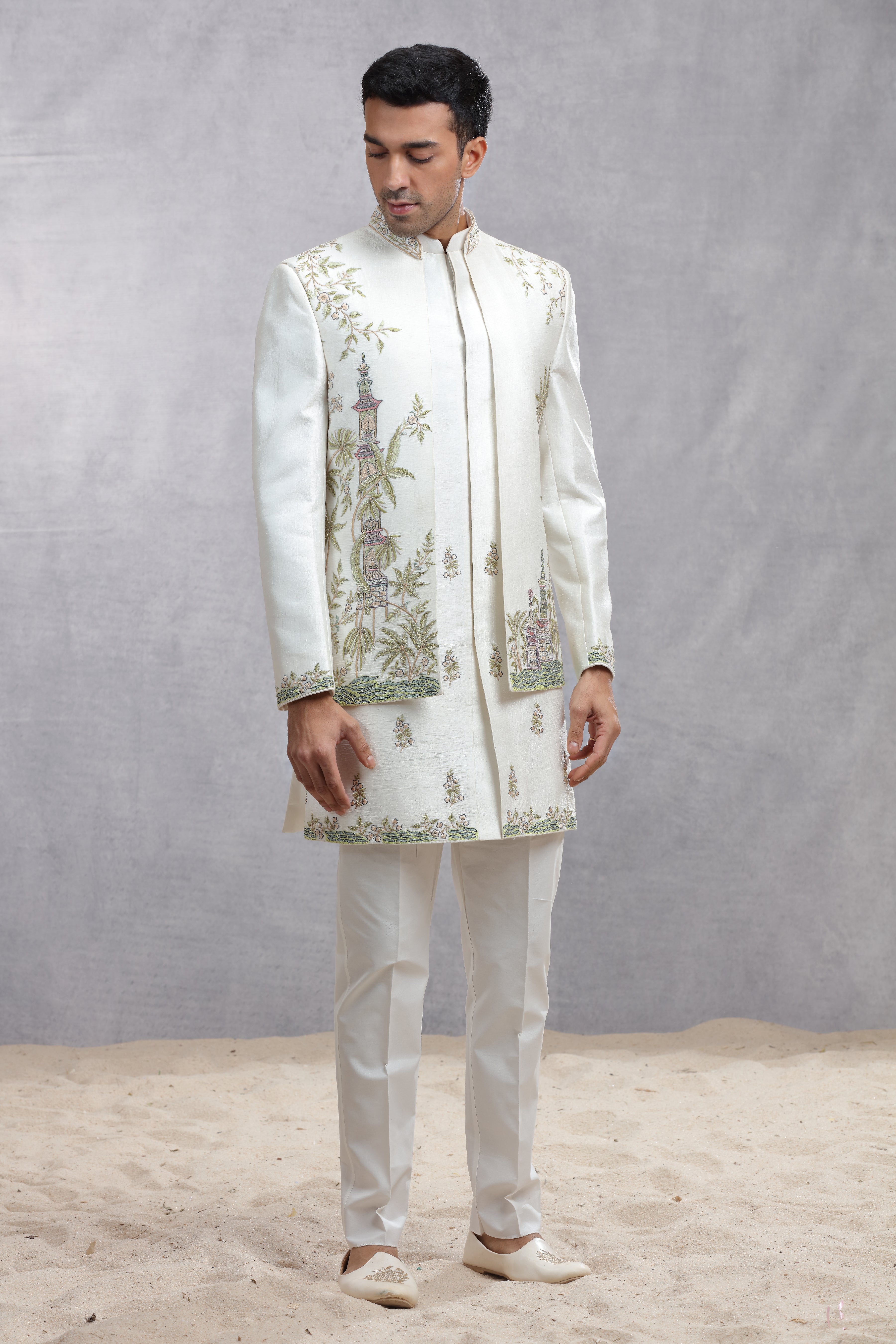 Ivory Raw Silk Indo Western with Contrast Color Thread Embroidery