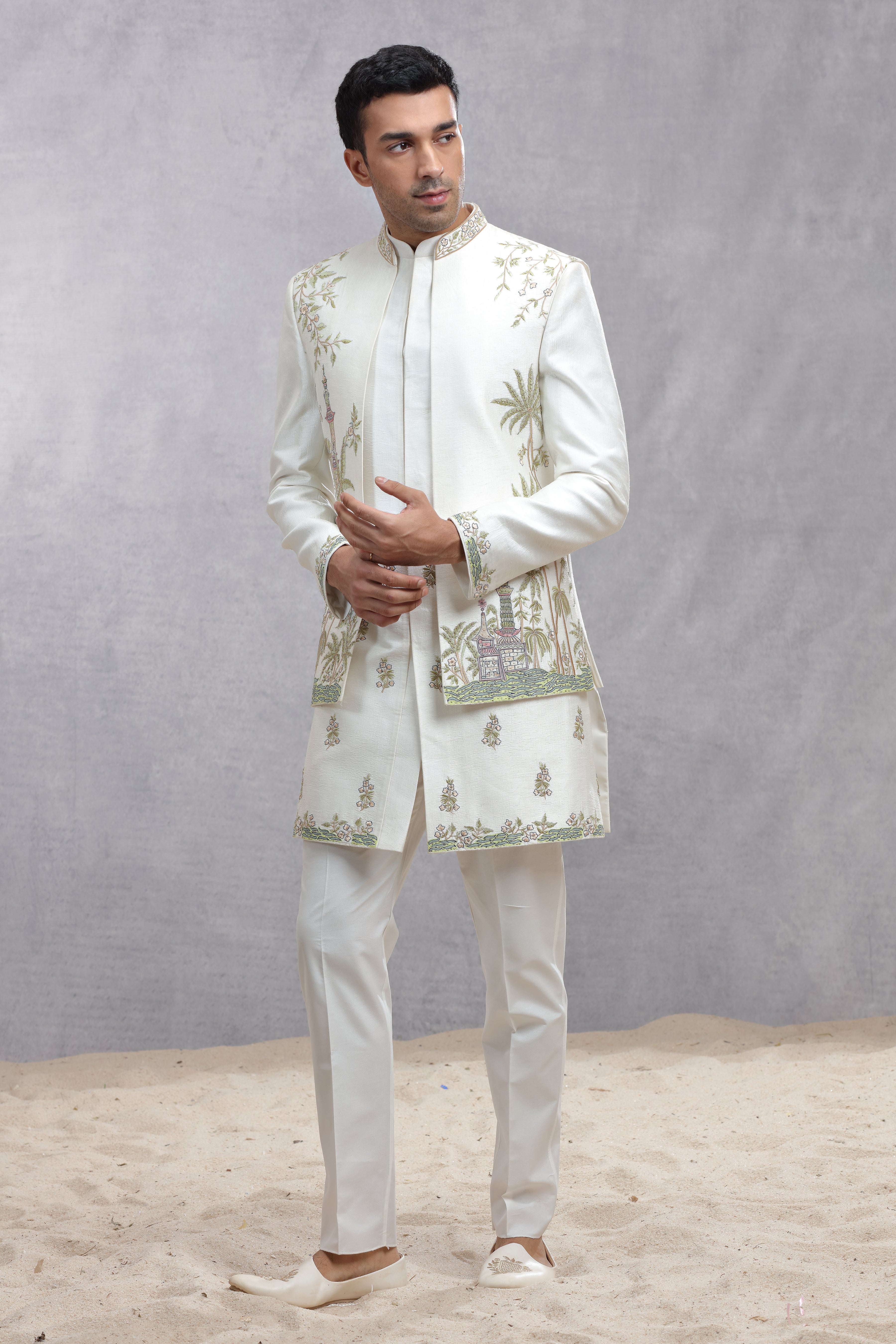 Ivory Raw Silk Indo Western with Contrast Color Thread Embroidery