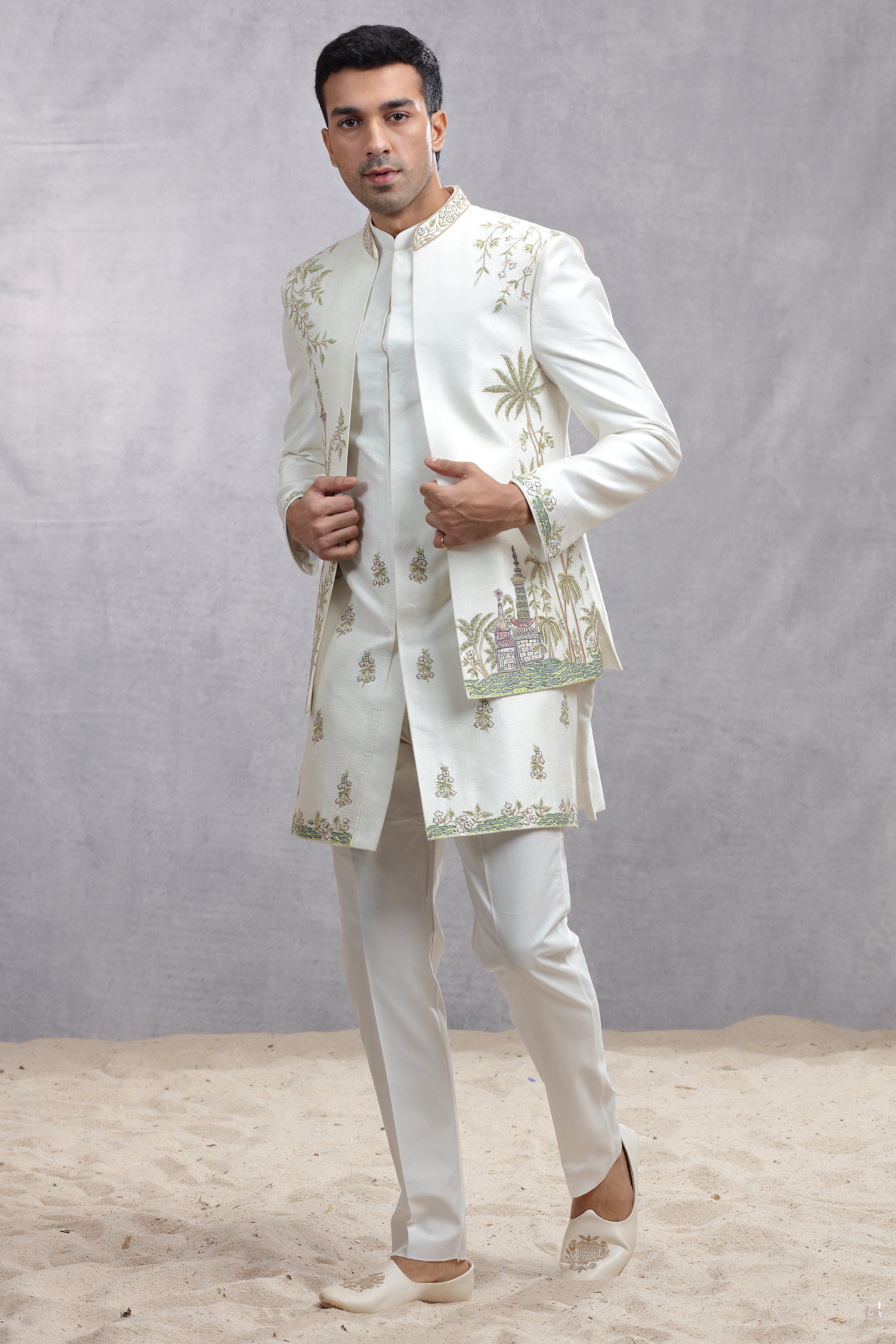 Ivory Raw Silk Indo Western with Contrast Color Thread Embroidery