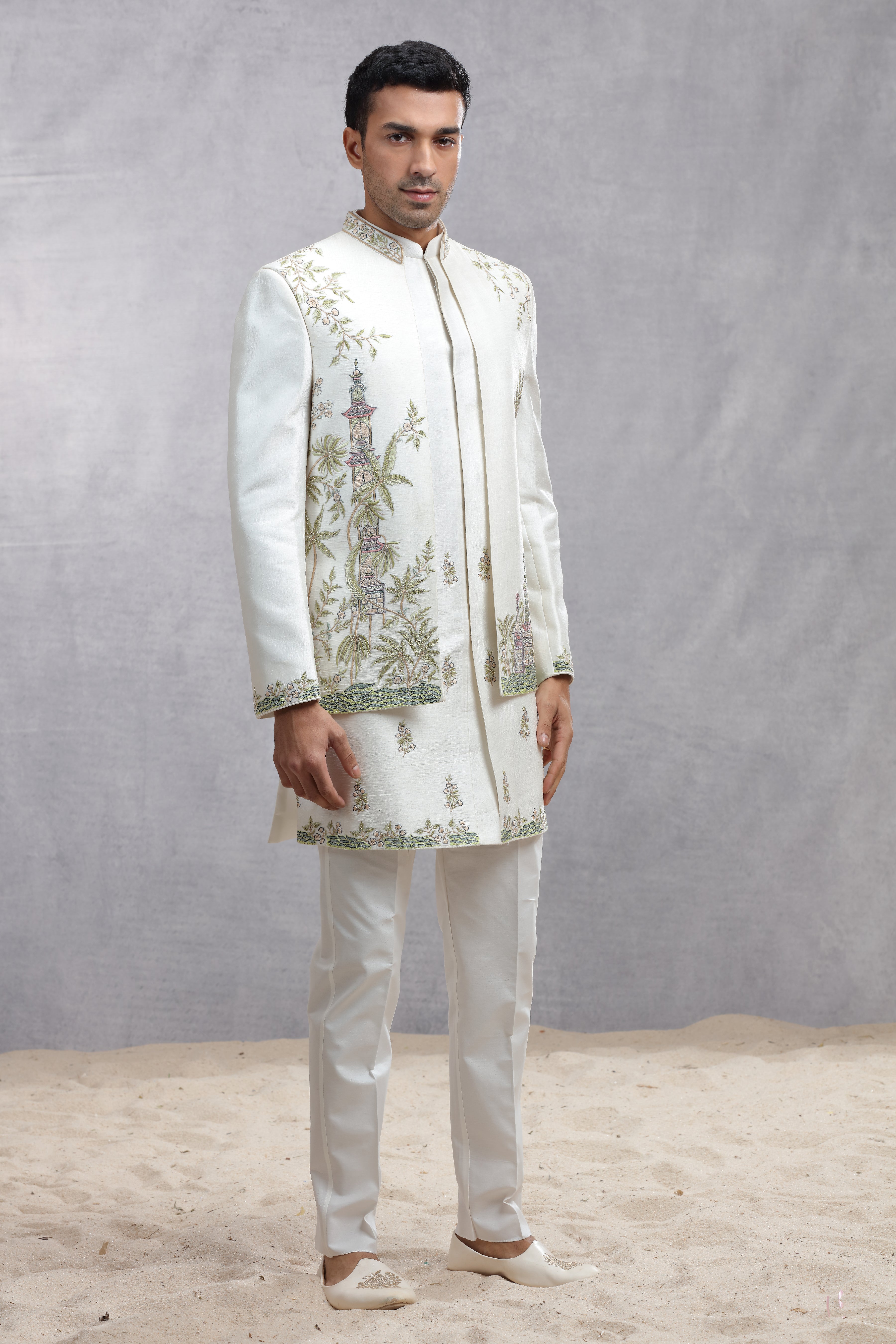 Ivory Raw Silk Indo Western with Contrast Color Thread Embroidery