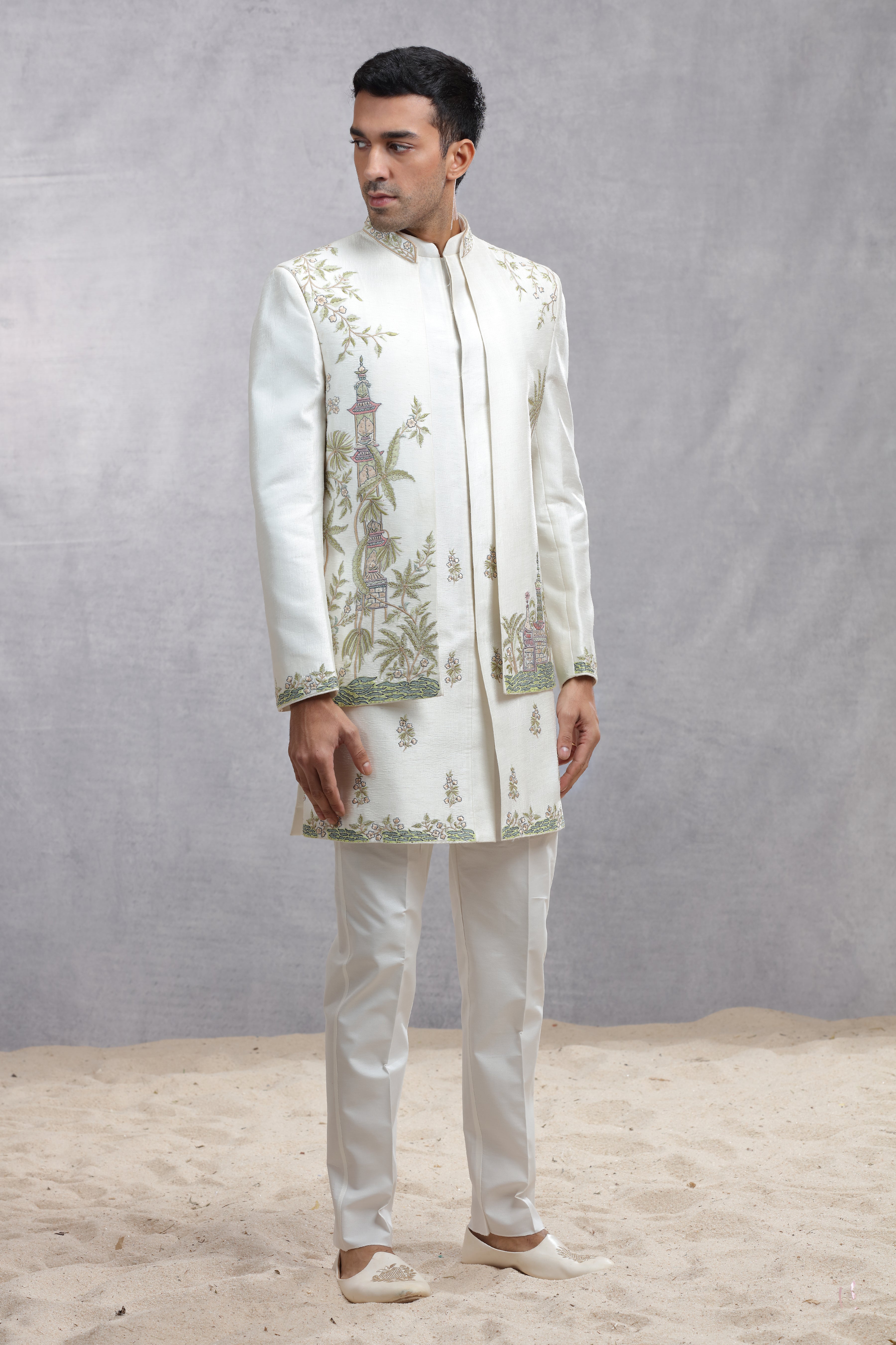 Ivory Raw Silk Indo Western with Contrast Color Thread Embroidery