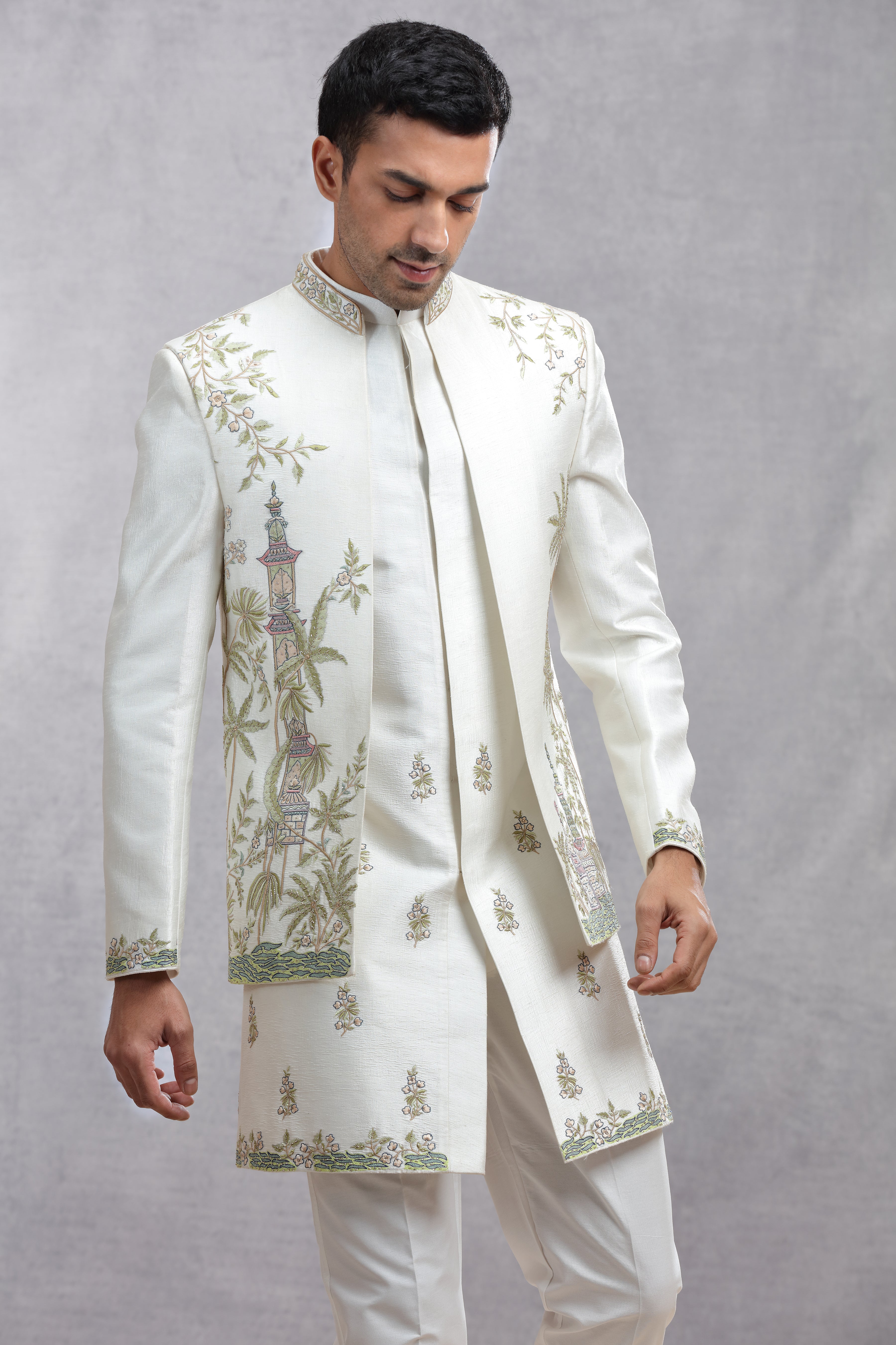 Ivory Raw Silk Indo Western with Contrast Color Thread Embroidery