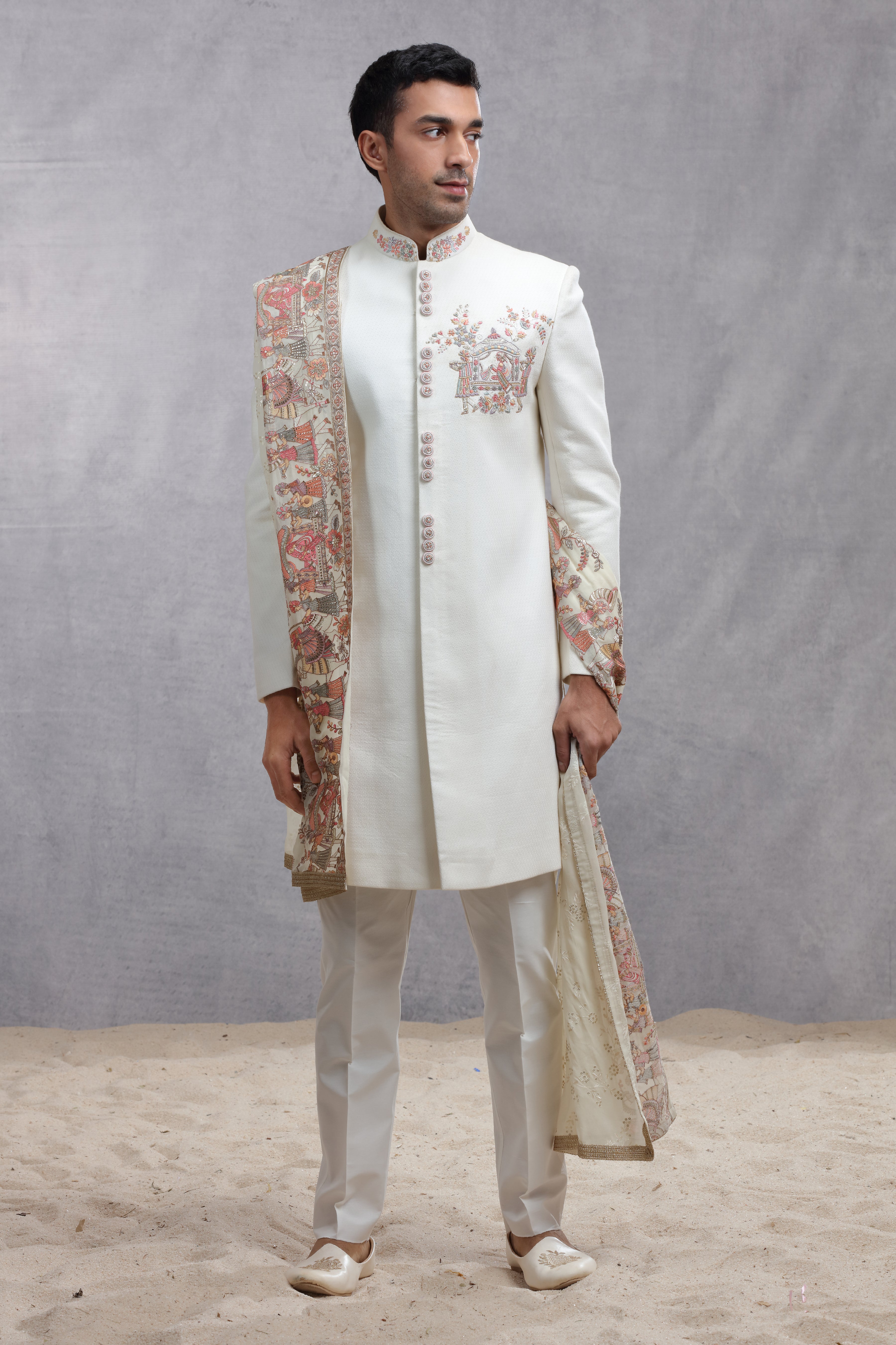 White Dupian Silk Sherwani with Human Figure Thread Embroidery