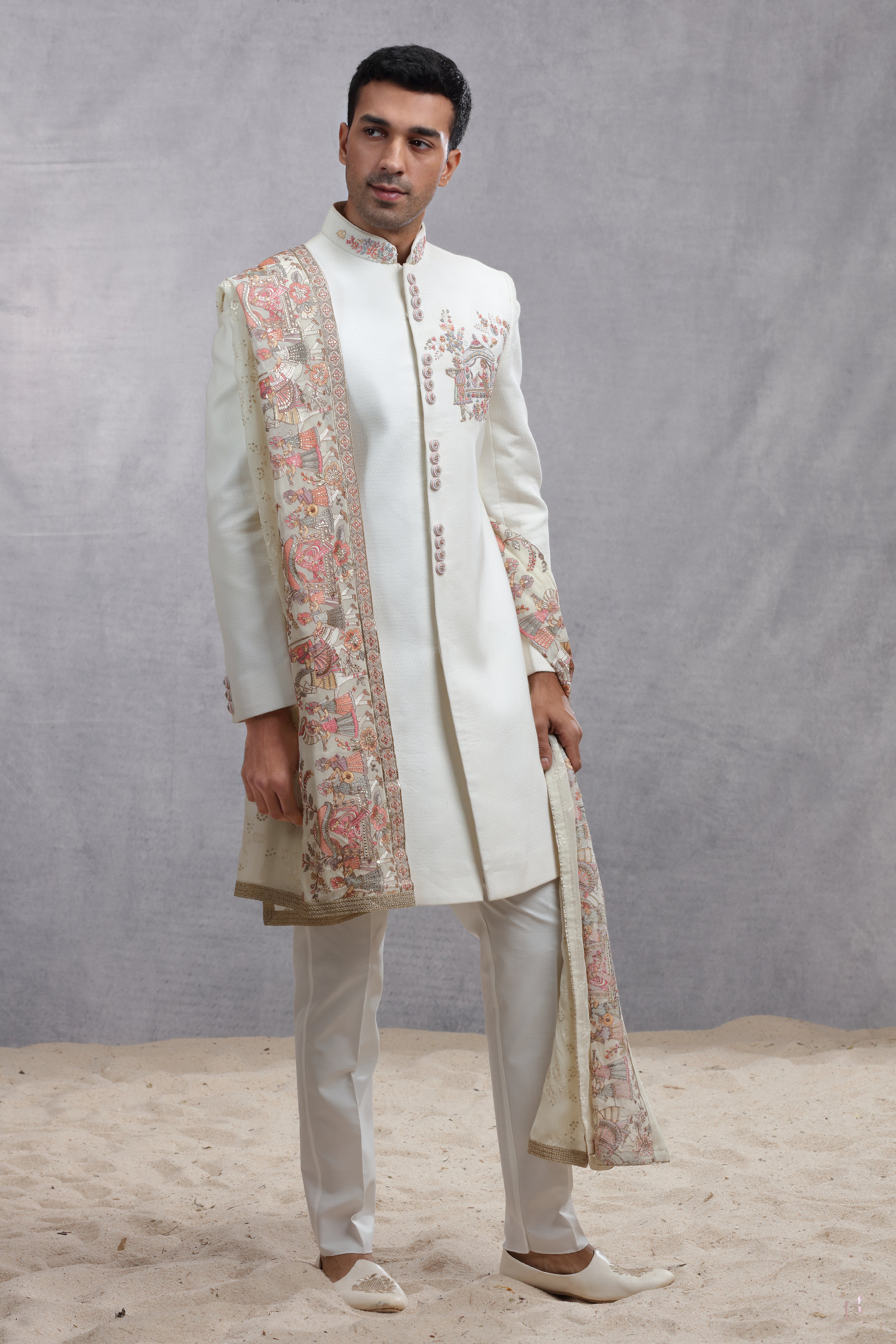 White Dupian Silk Sherwani with Human Figure Thread Embroidery