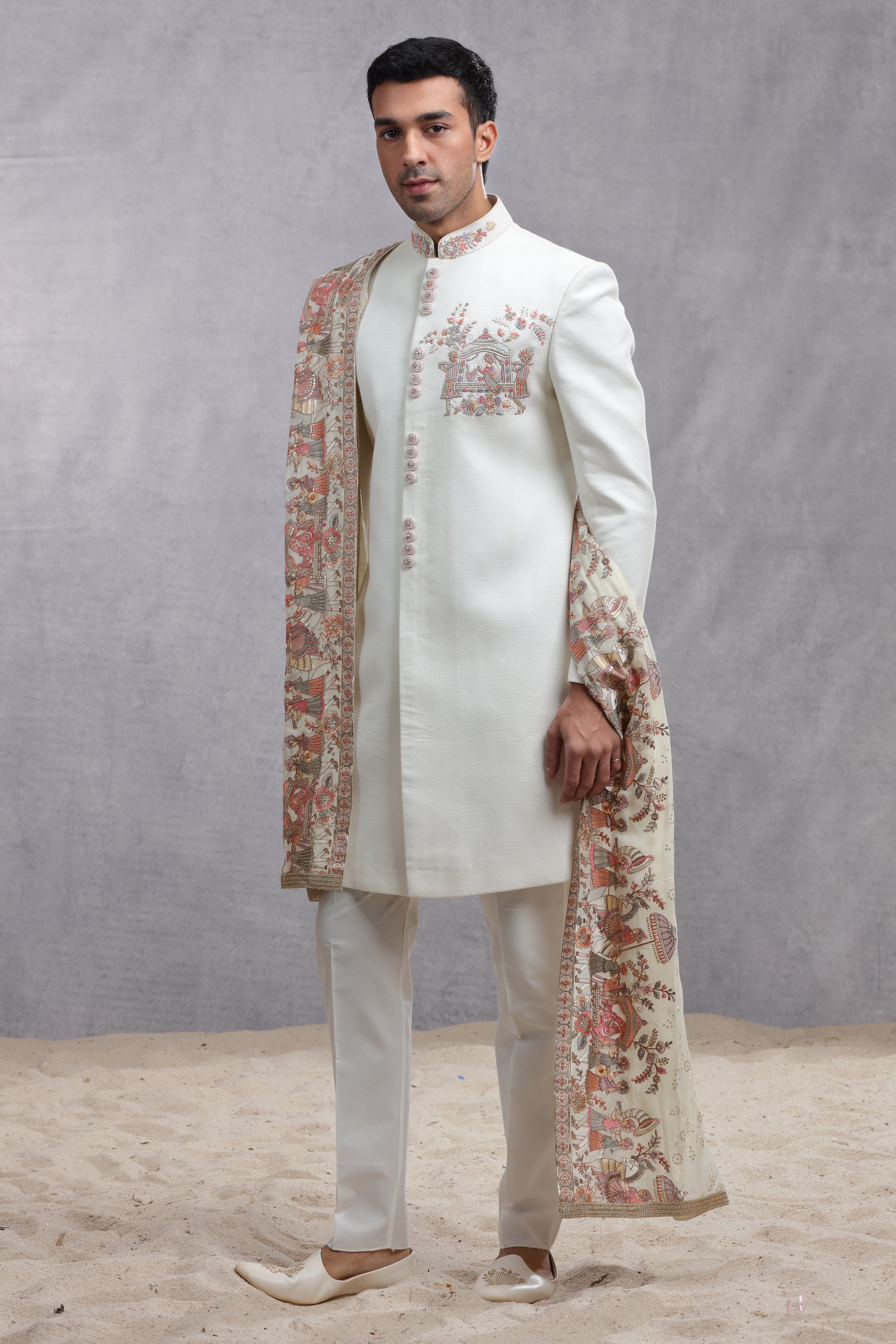 White Dupian Silk Sherwani with Human Figure Thread Embroidery