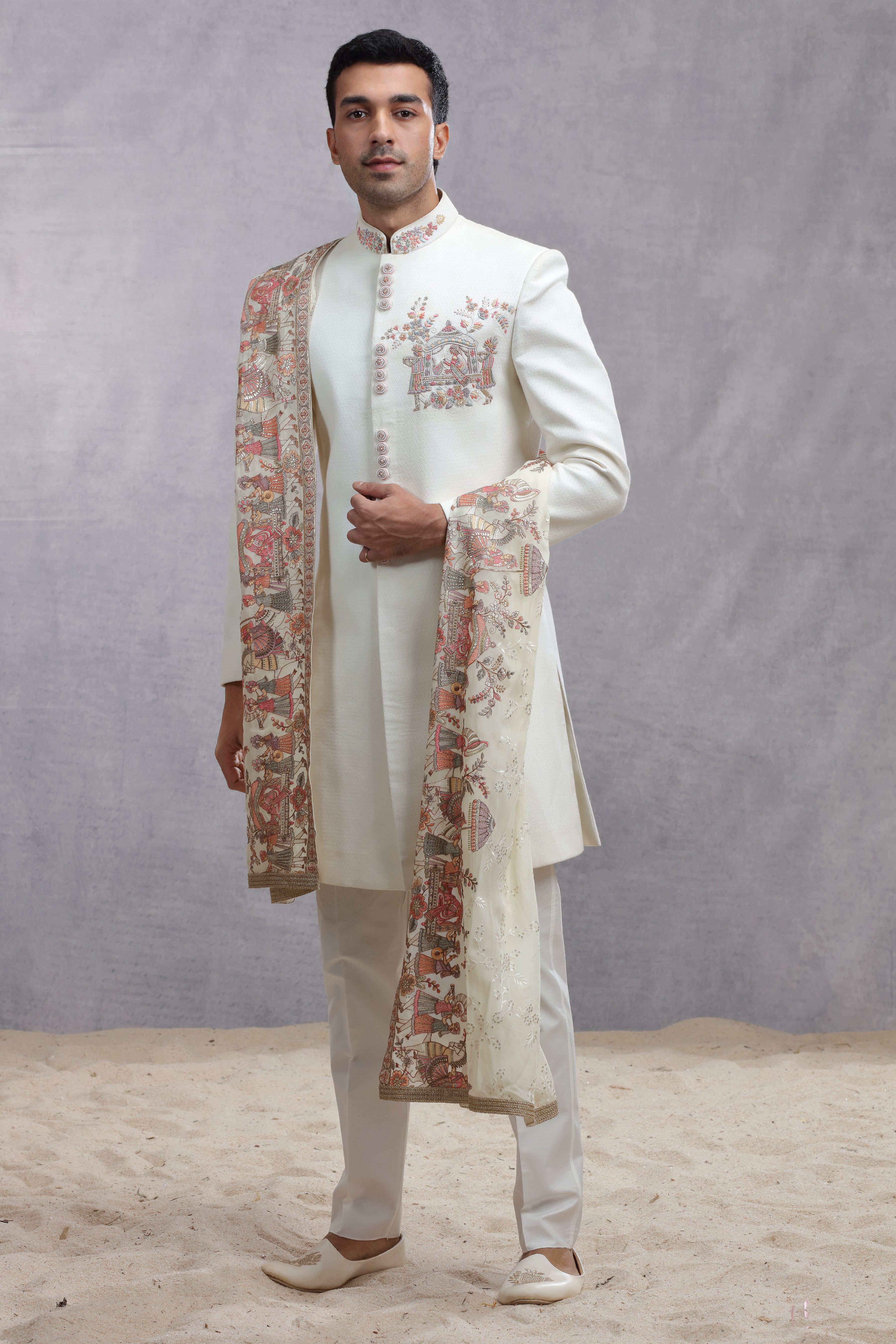 White Dupian Silk Sherwani with Human Figure Thread Embroidery