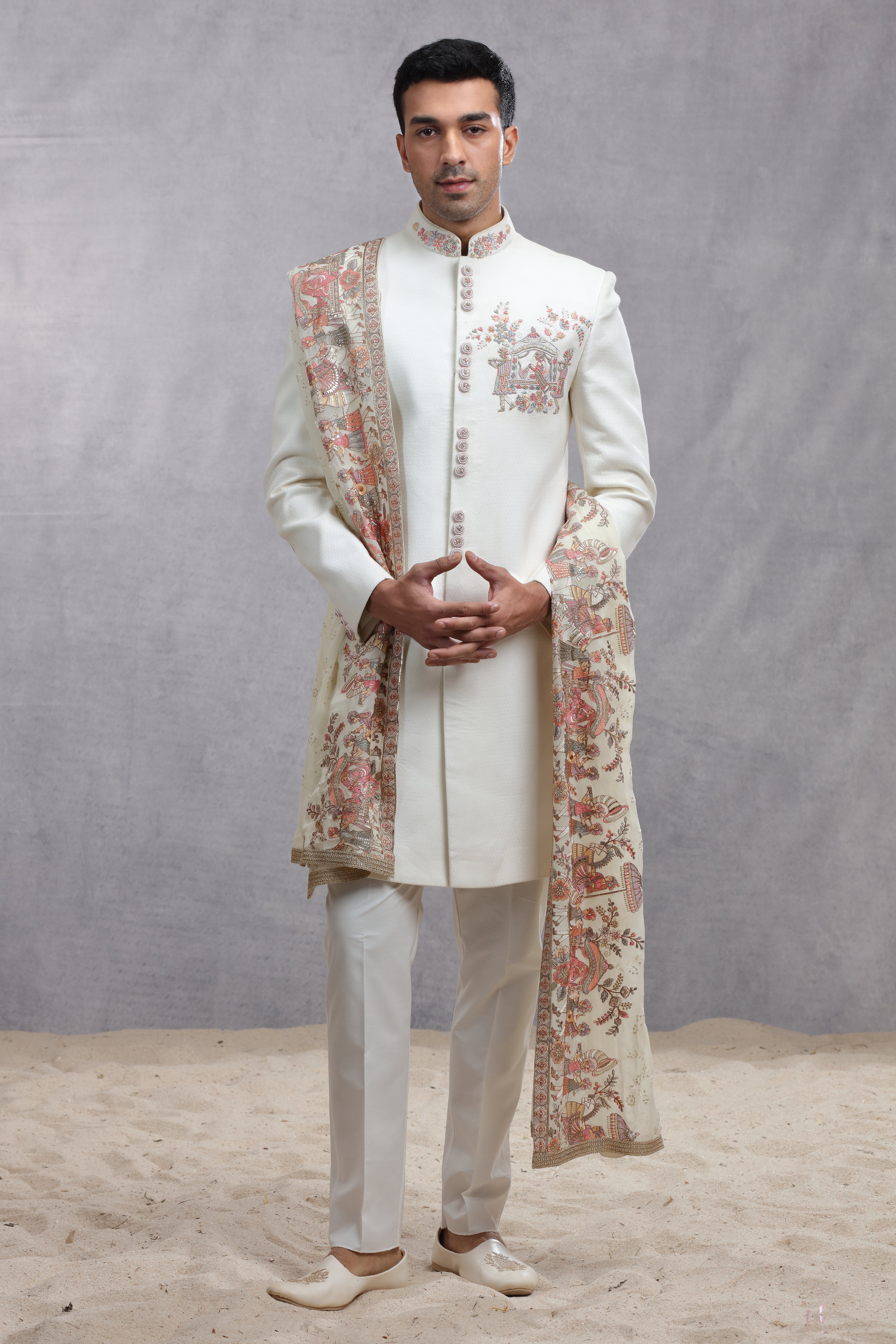 White Dupian Silk Sherwani with Human Figure Thread Embroidery