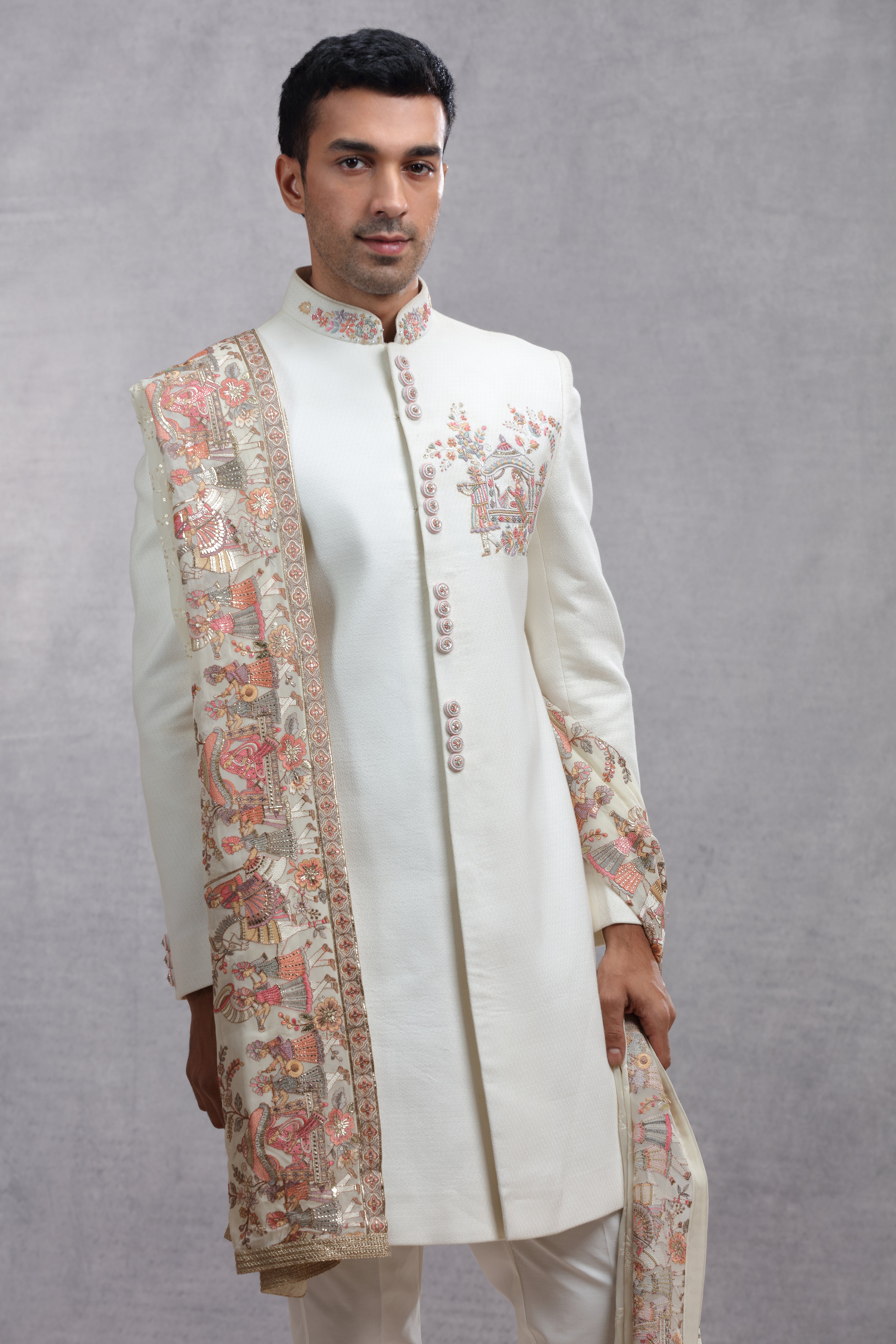 White Dupian Silk Sherwani with Human Figure Thread Embroidery