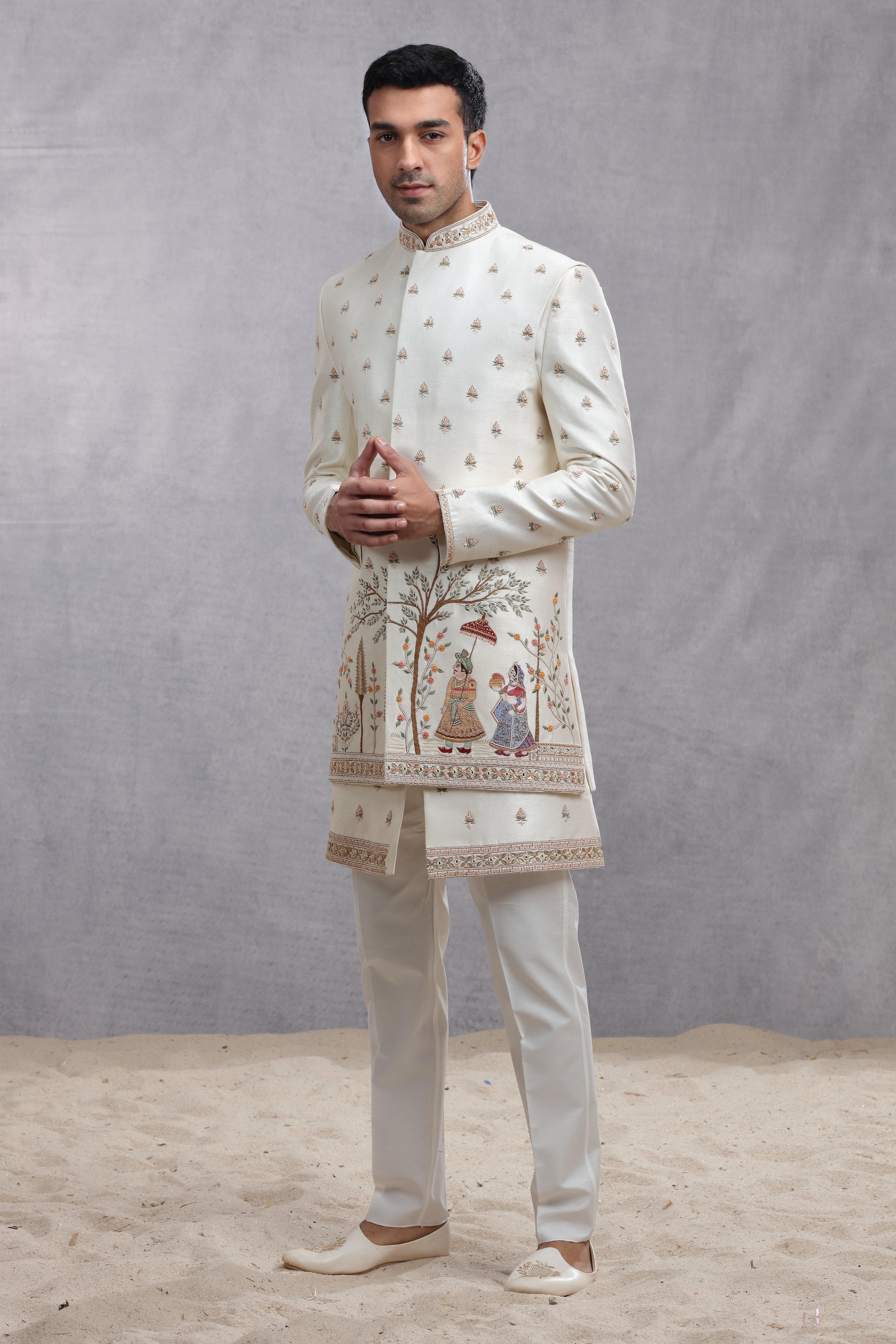 Ivory Dupion Silk Indo Western with Human Figure Embroidery