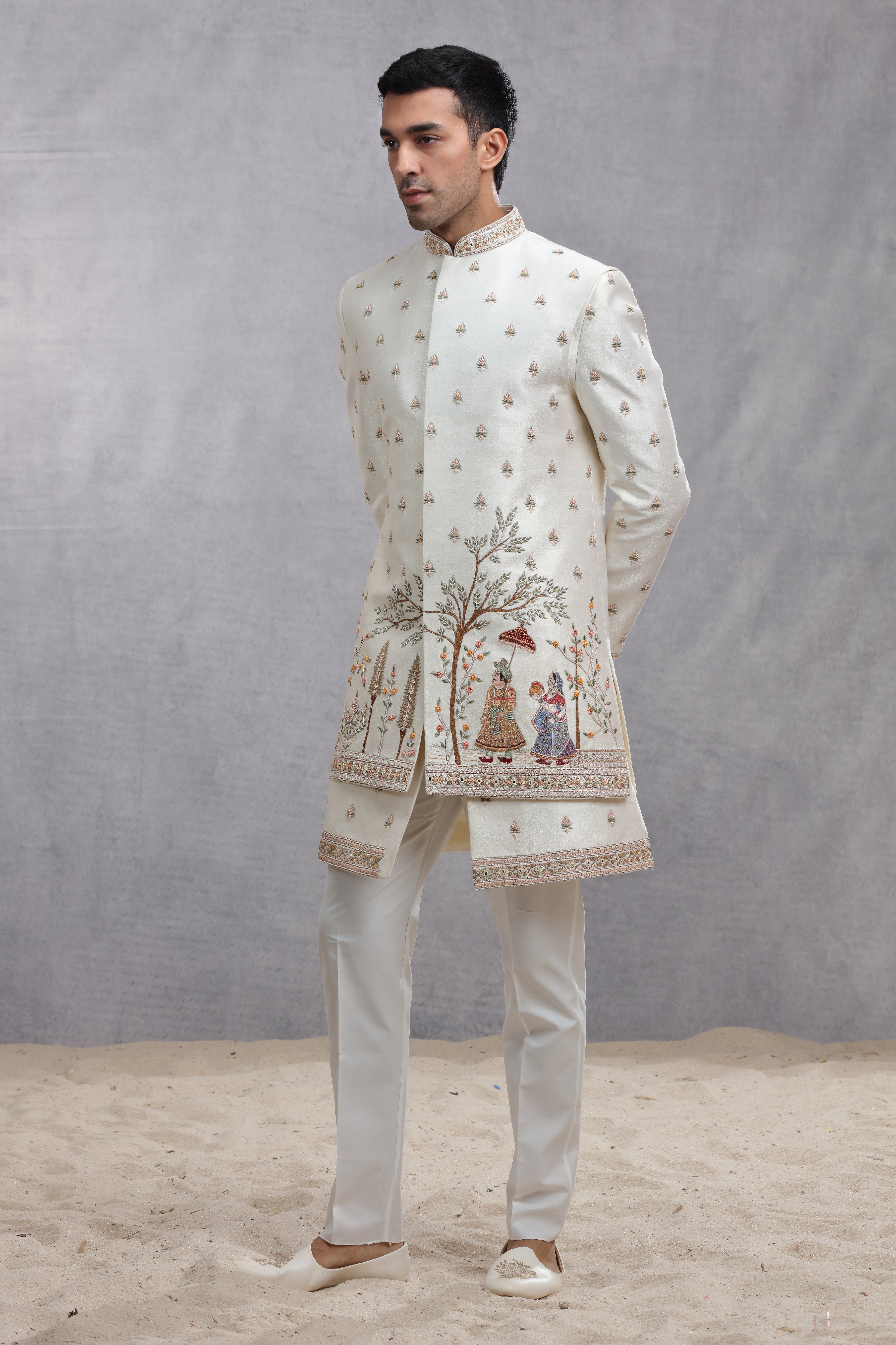 Ivory Dupion Silk Indo Western with Human Figure Embroidery