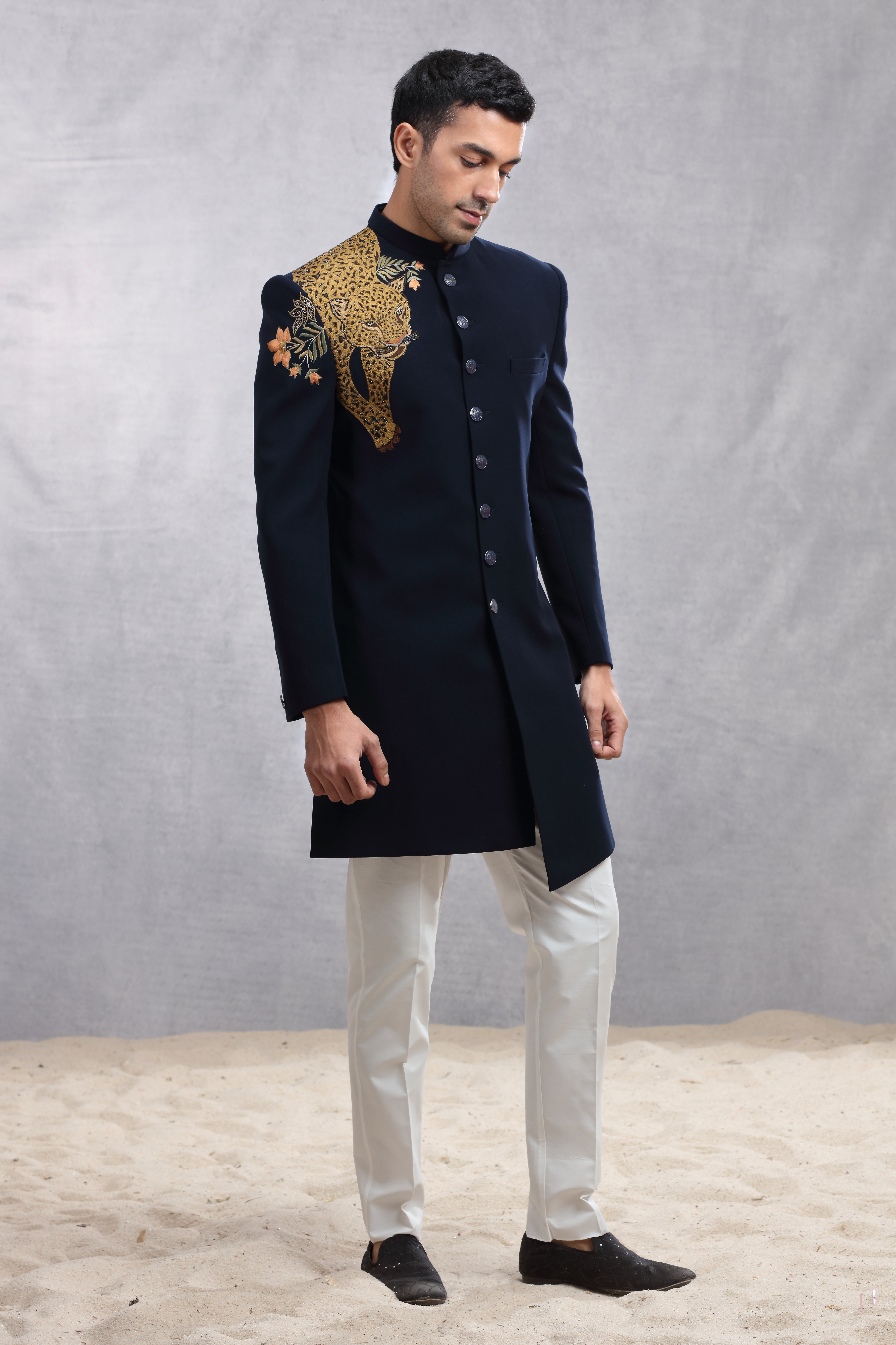 Navy Blue Silk Indo Western with Thread Work & Cutdana