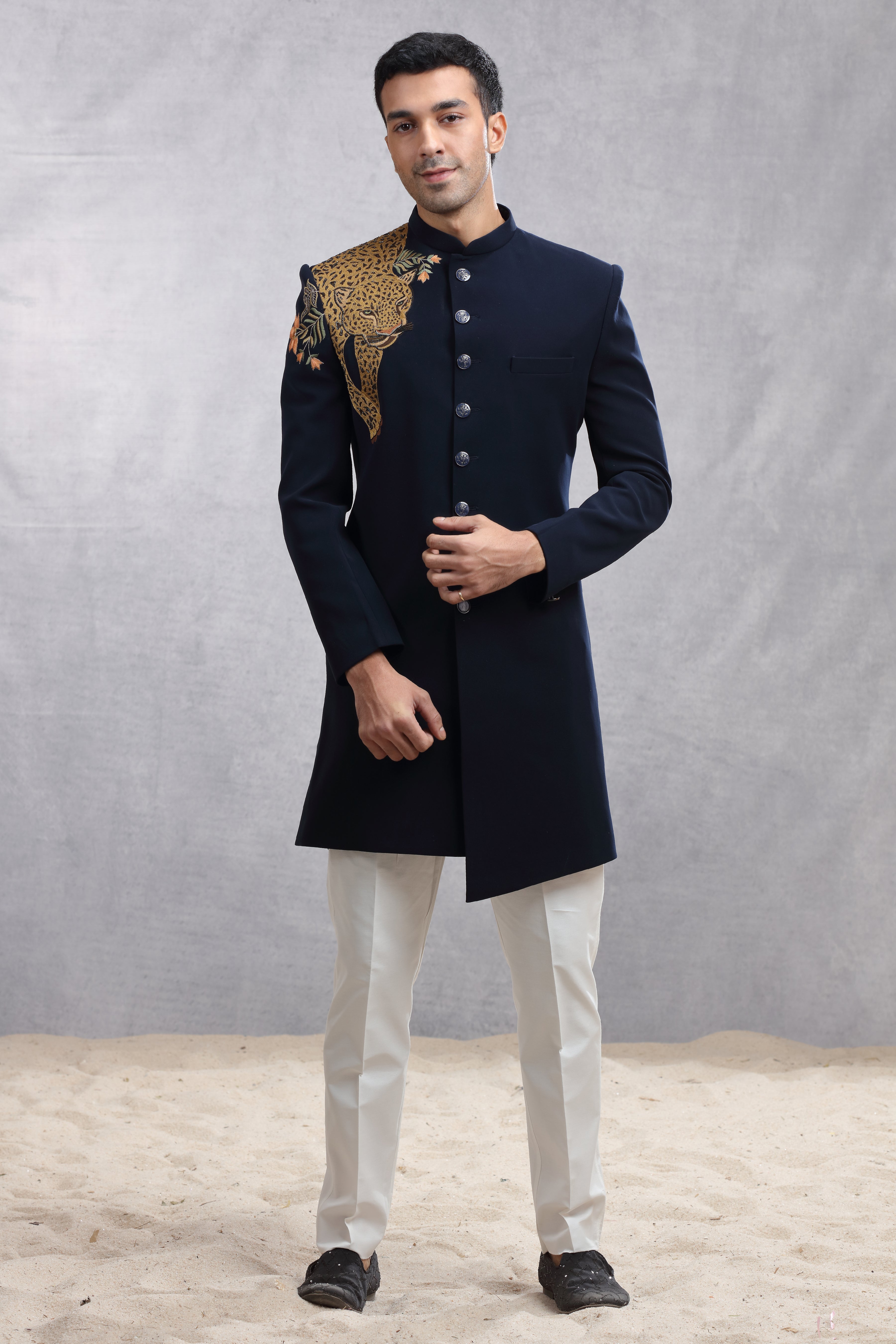 Navy Blue Silk Indo Western with Thread Work & Cutdana