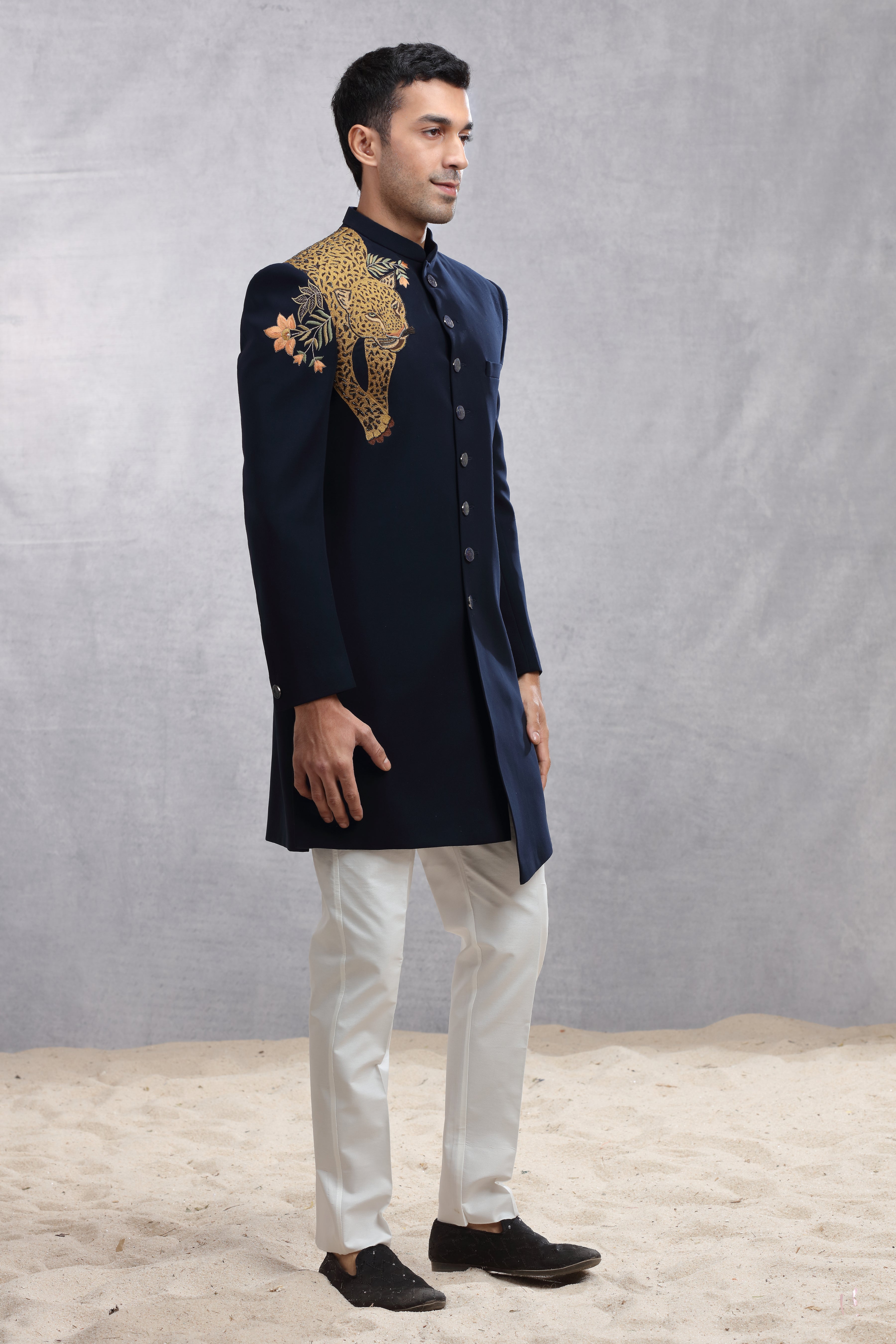 Navy Blue Silk Indo Western with Thread Work & Cutdana