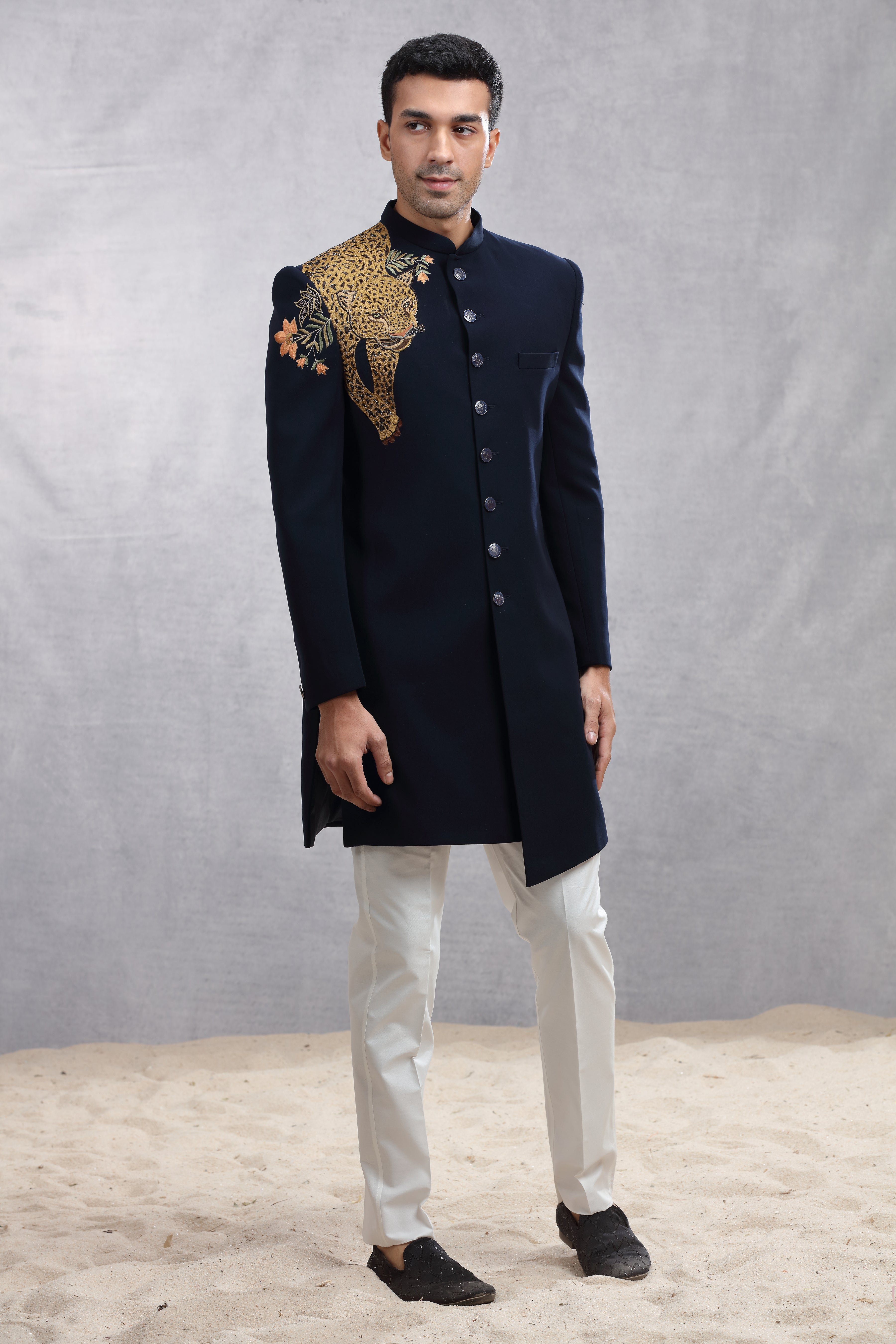 Navy Blue Silk Indo Western with Thread Work & Cutdana