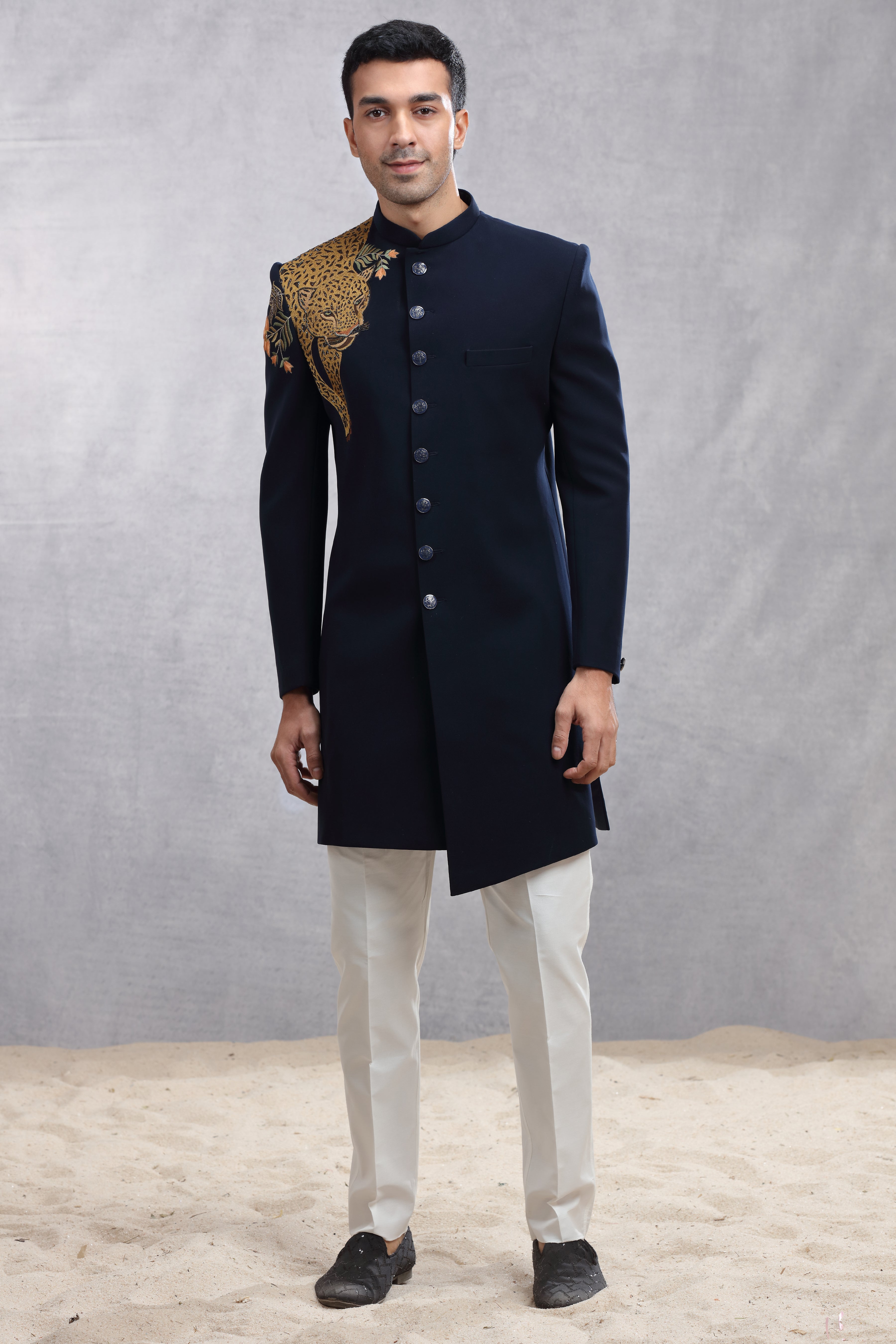 Navy Blue Silk Indo Western with Thread Work & Cutdana