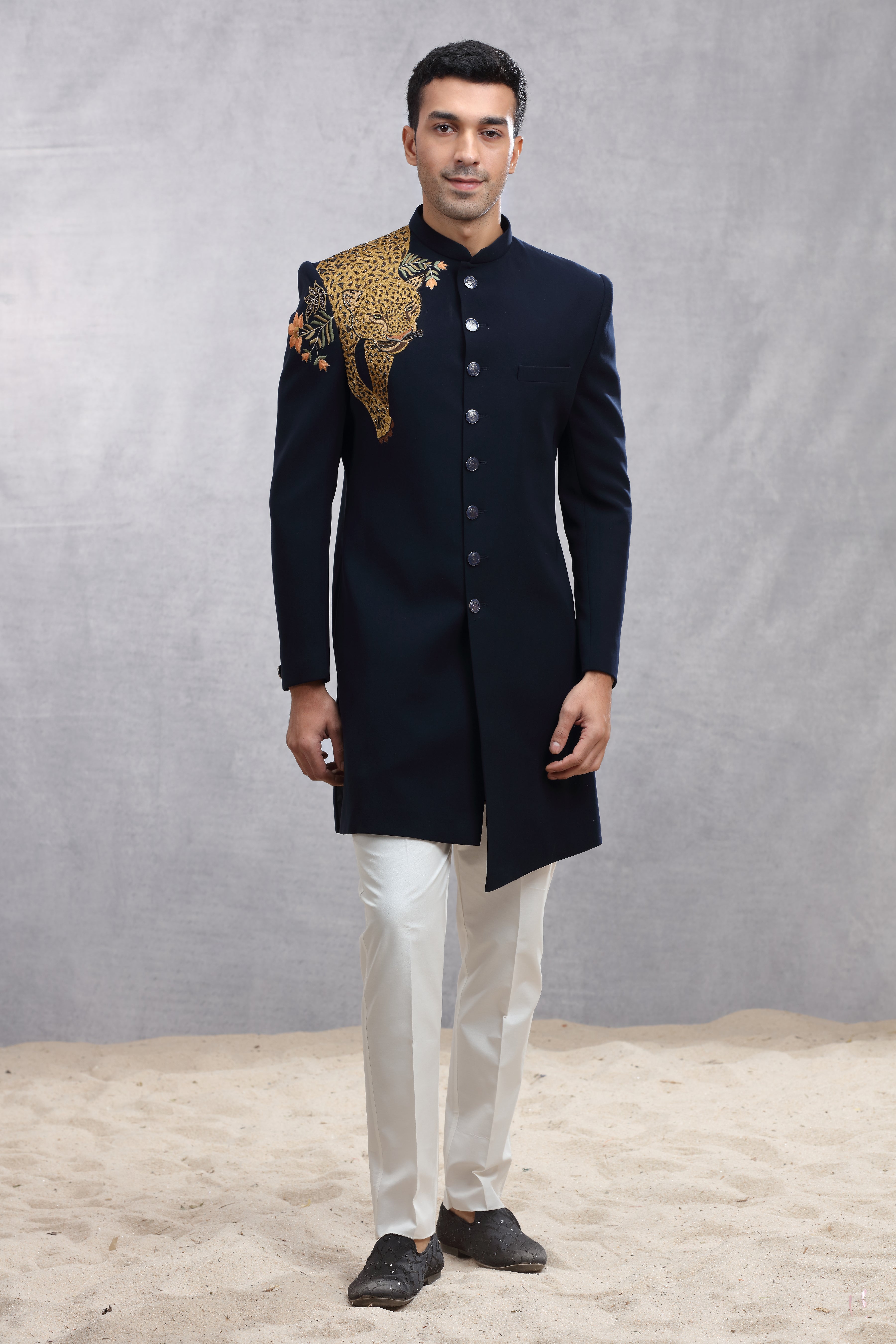 Navy Blue Silk Indo Western with Thread Work & Cutdana