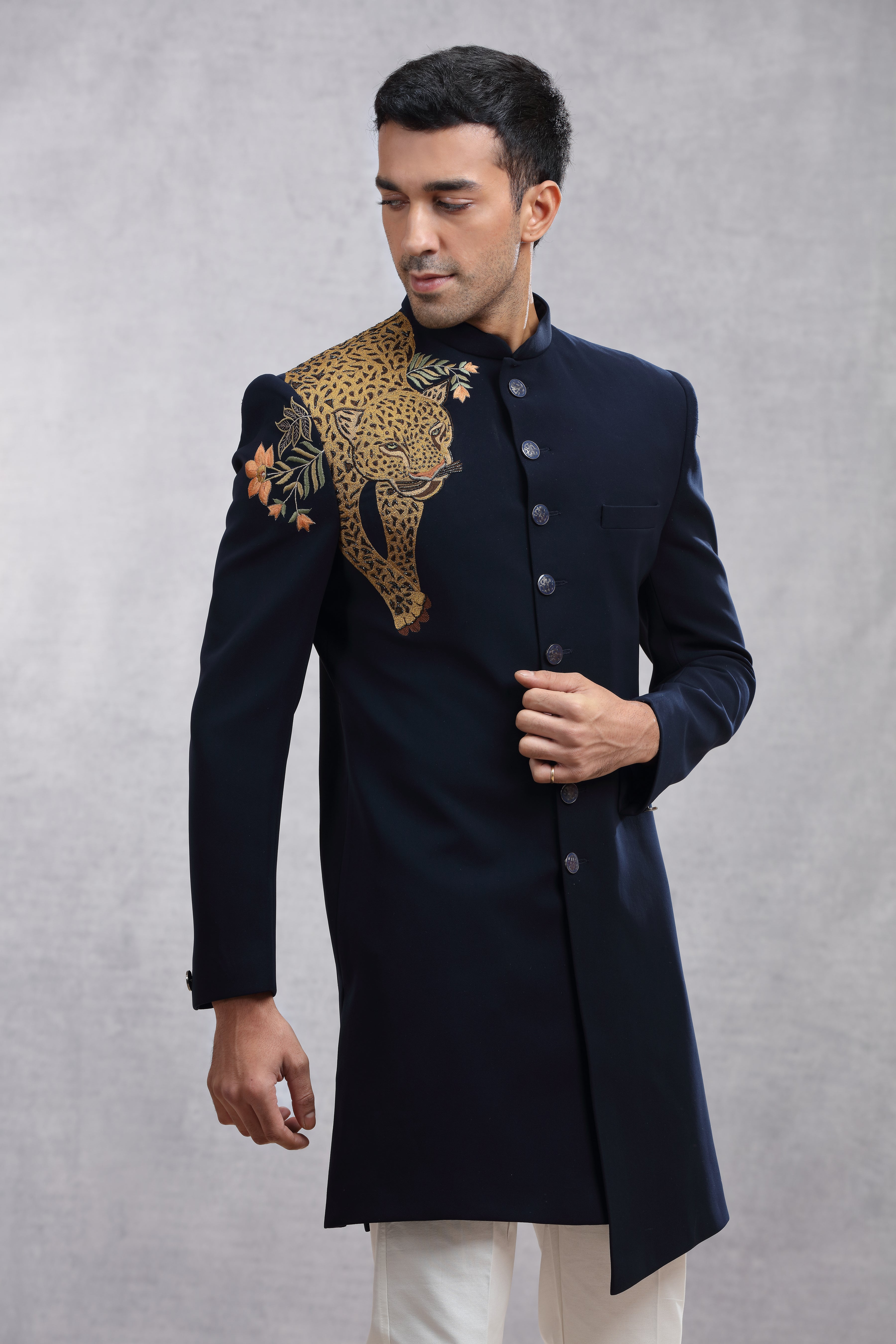 Navy Blue Silk Indo Western with Thread Work & Cutdana