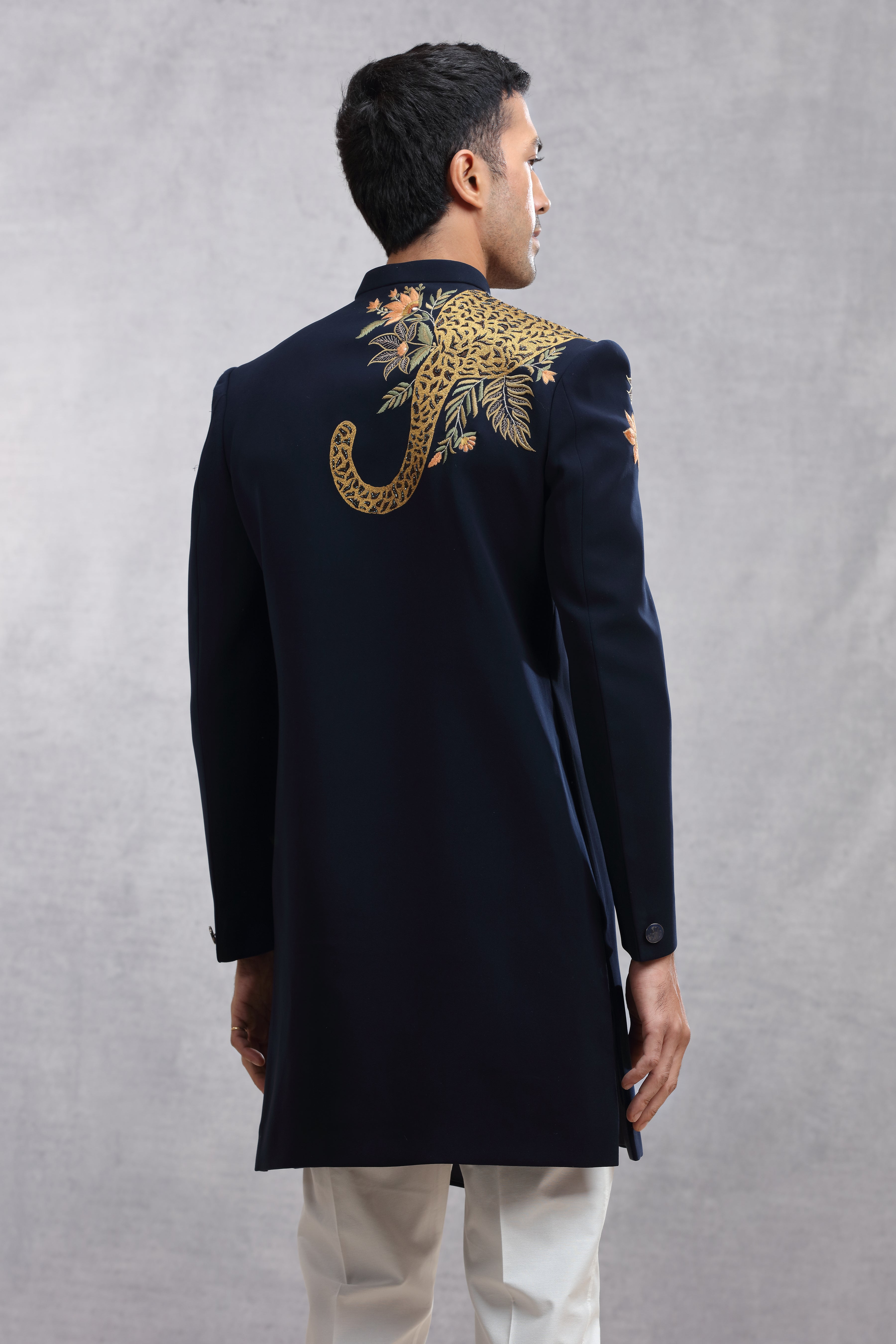 Navy Blue Silk Indo Western with Thread Work & Cutdana