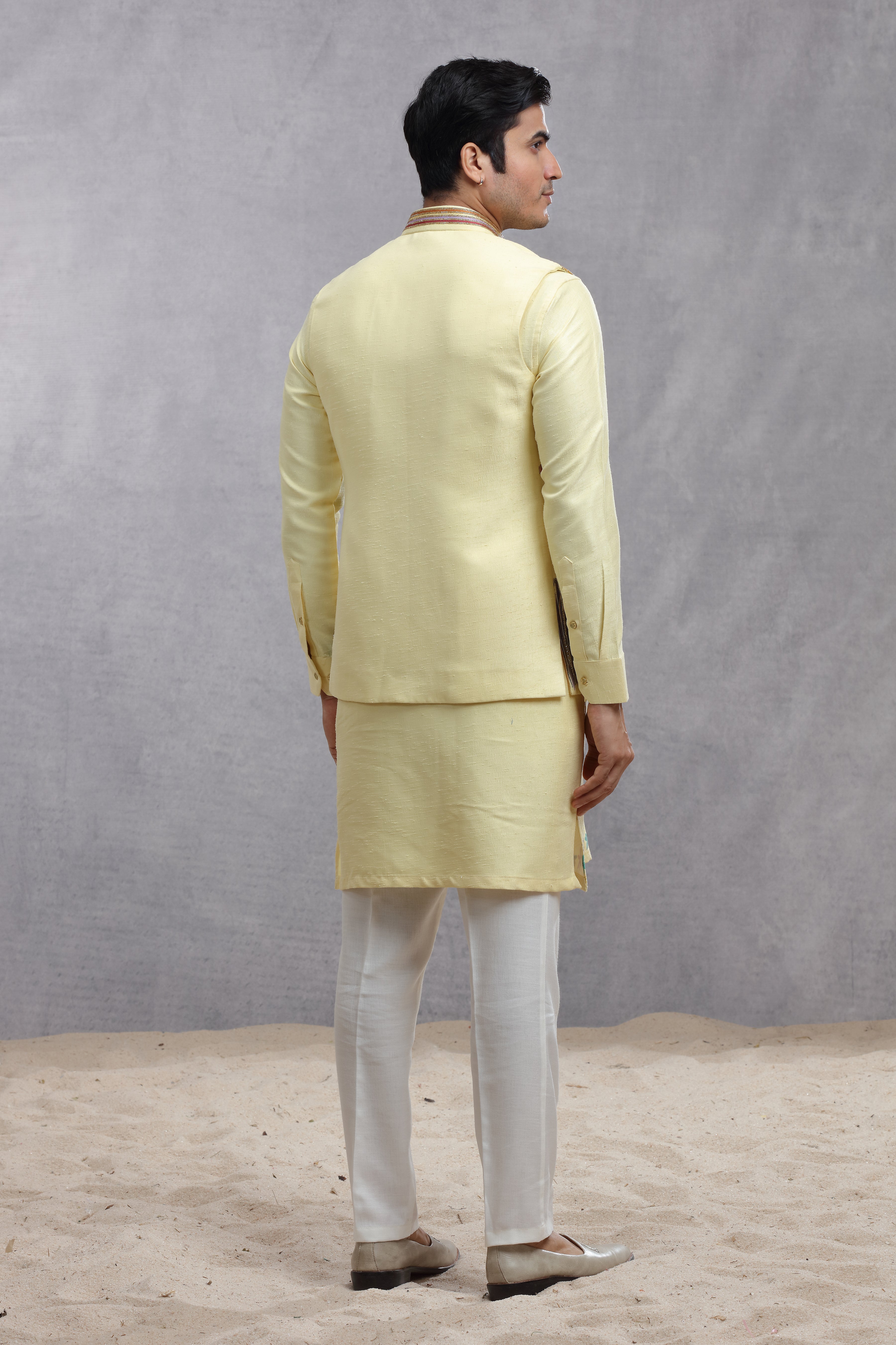 Butter Yellow Silk Koti & Kurta with Hand Paint Embroidery