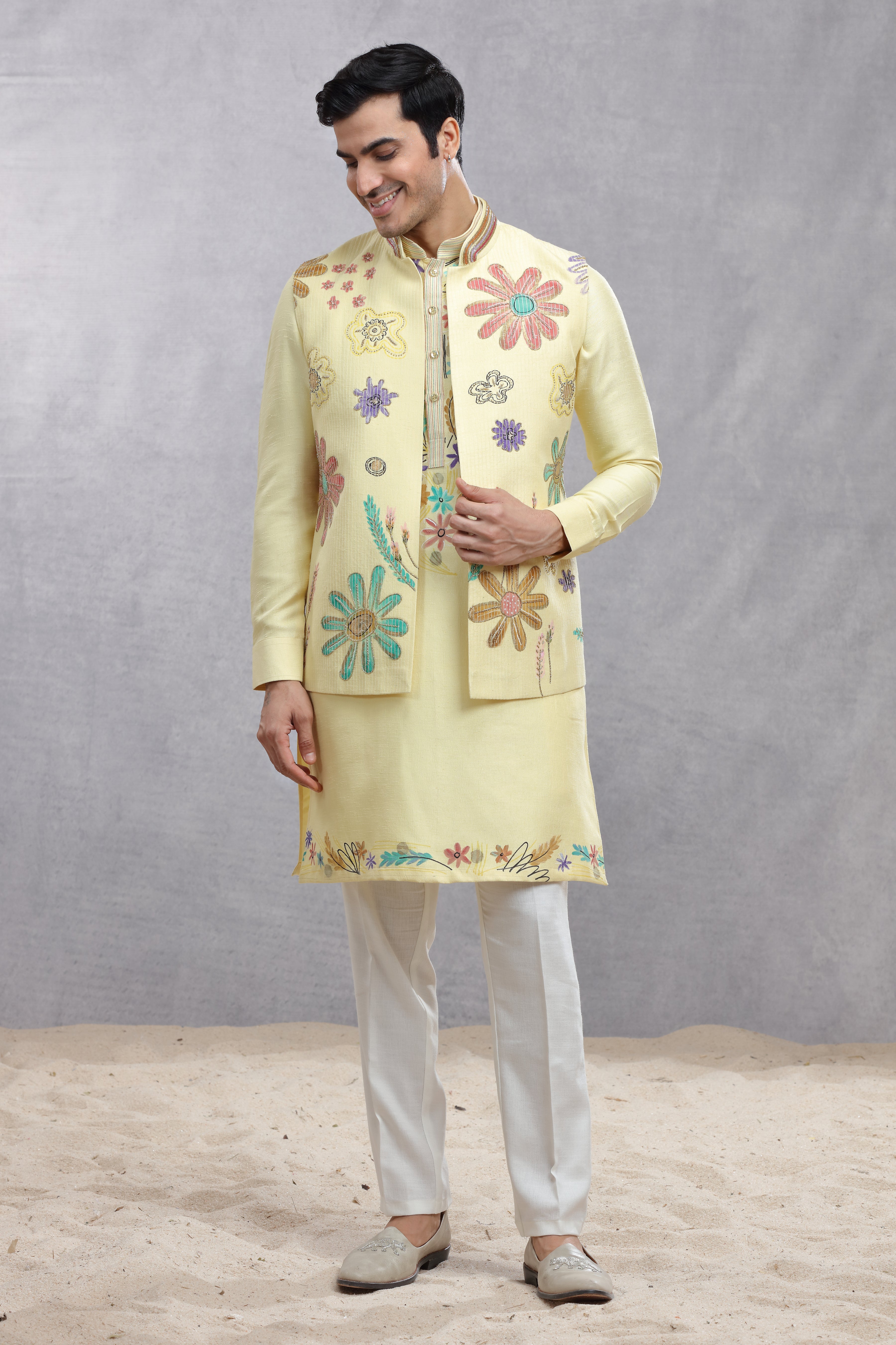 Butter Yellow Silk Koti & Kurta with Hand Paint Embroidery