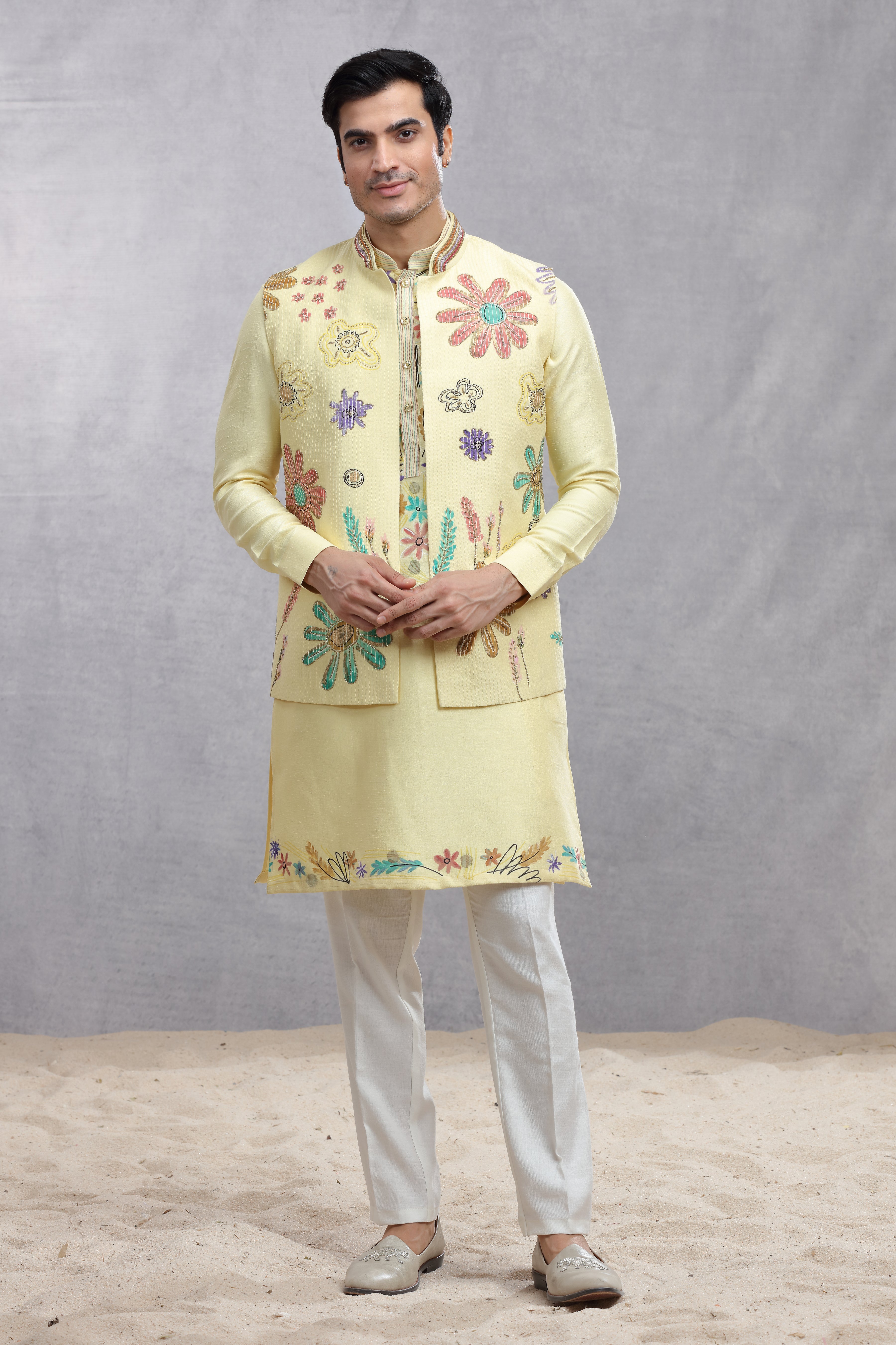 Butter Yellow Silk Koti & Kurta with Hand Paint Embroidery