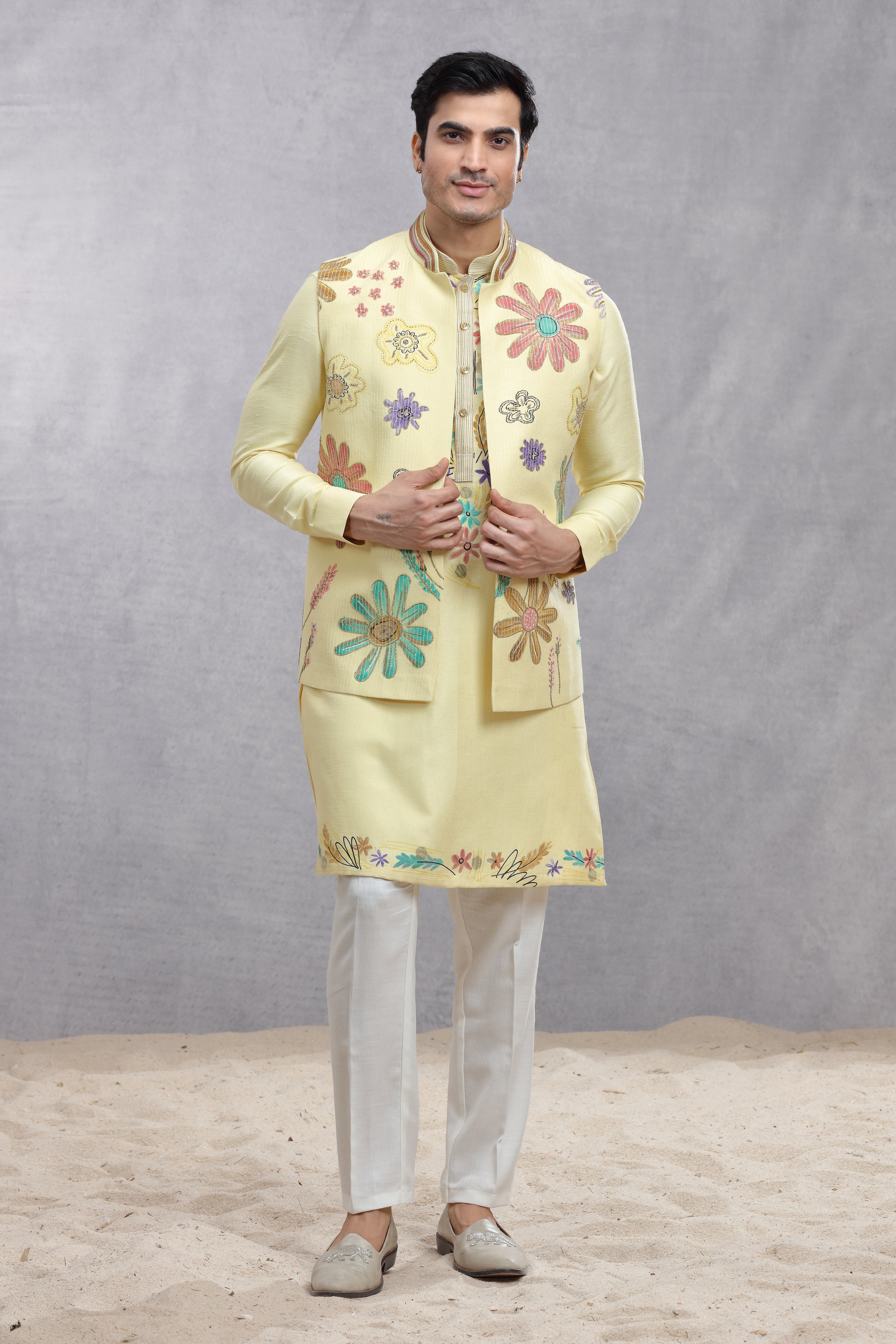 Butter Yellow Silk Koti & Kurta with Hand Paint Embroidery