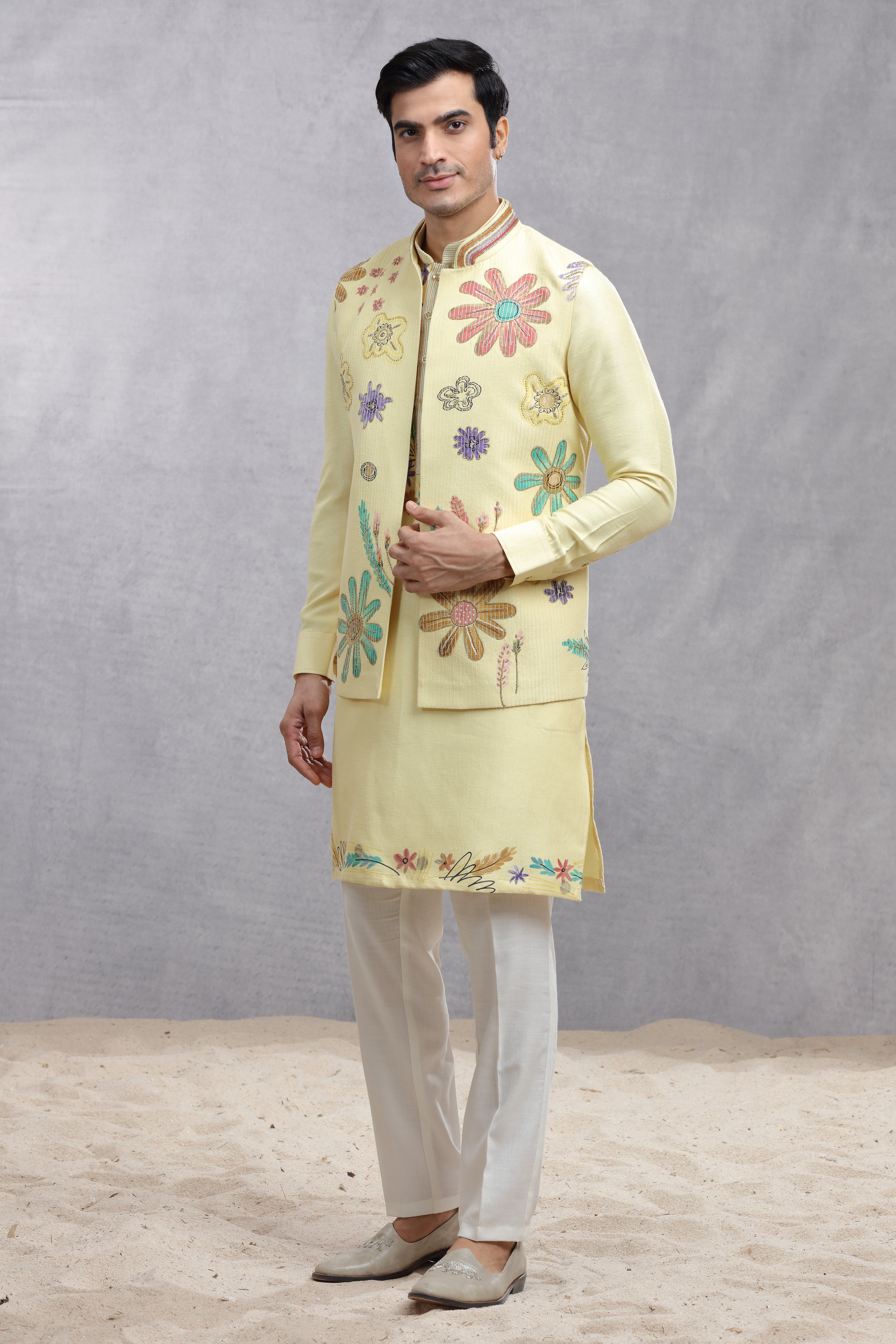 Butter Yellow Silk Koti & Kurta with Hand Paint Embroidery