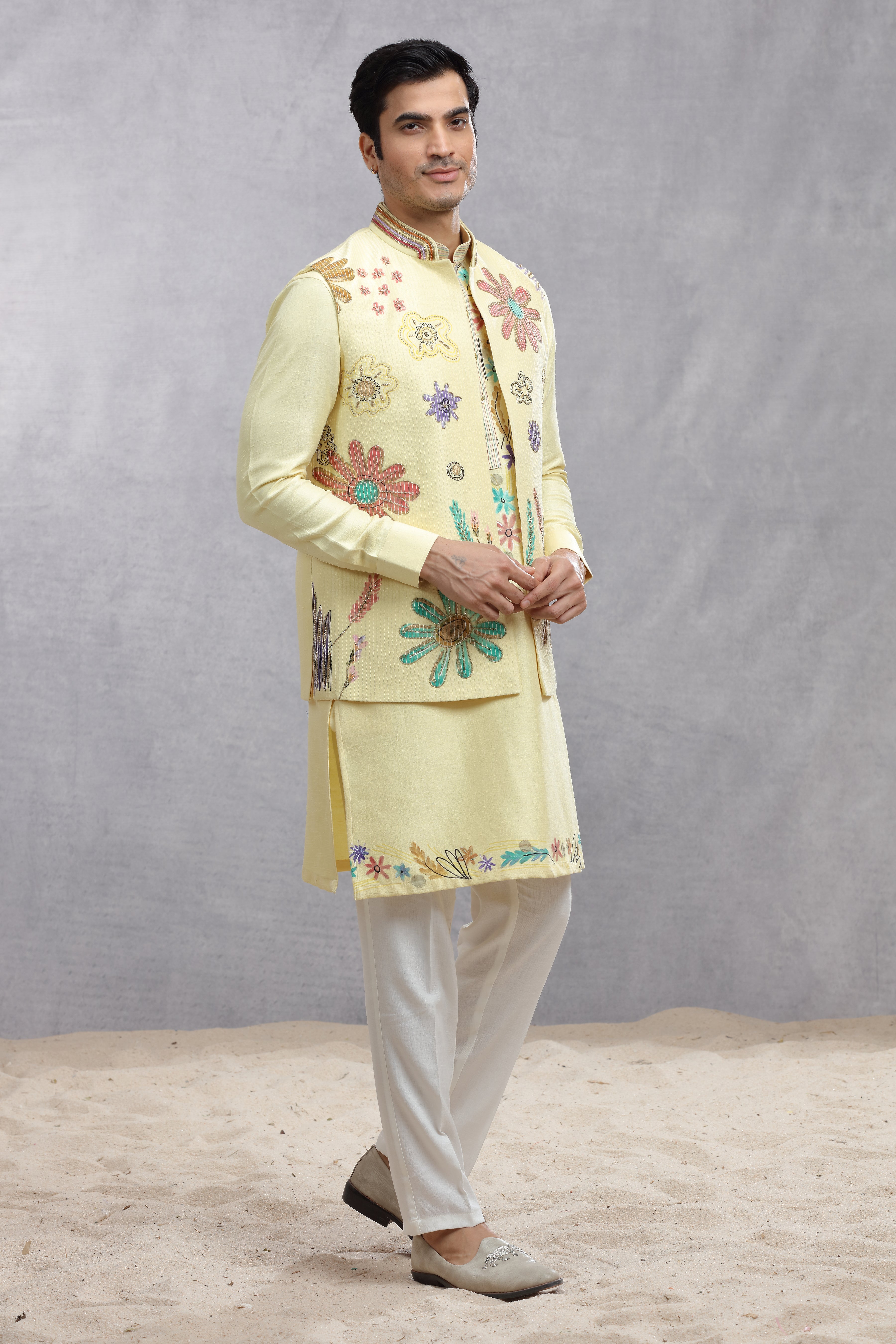 Butter Yellow Silk Koti & Kurta with Hand Paint Embroidery