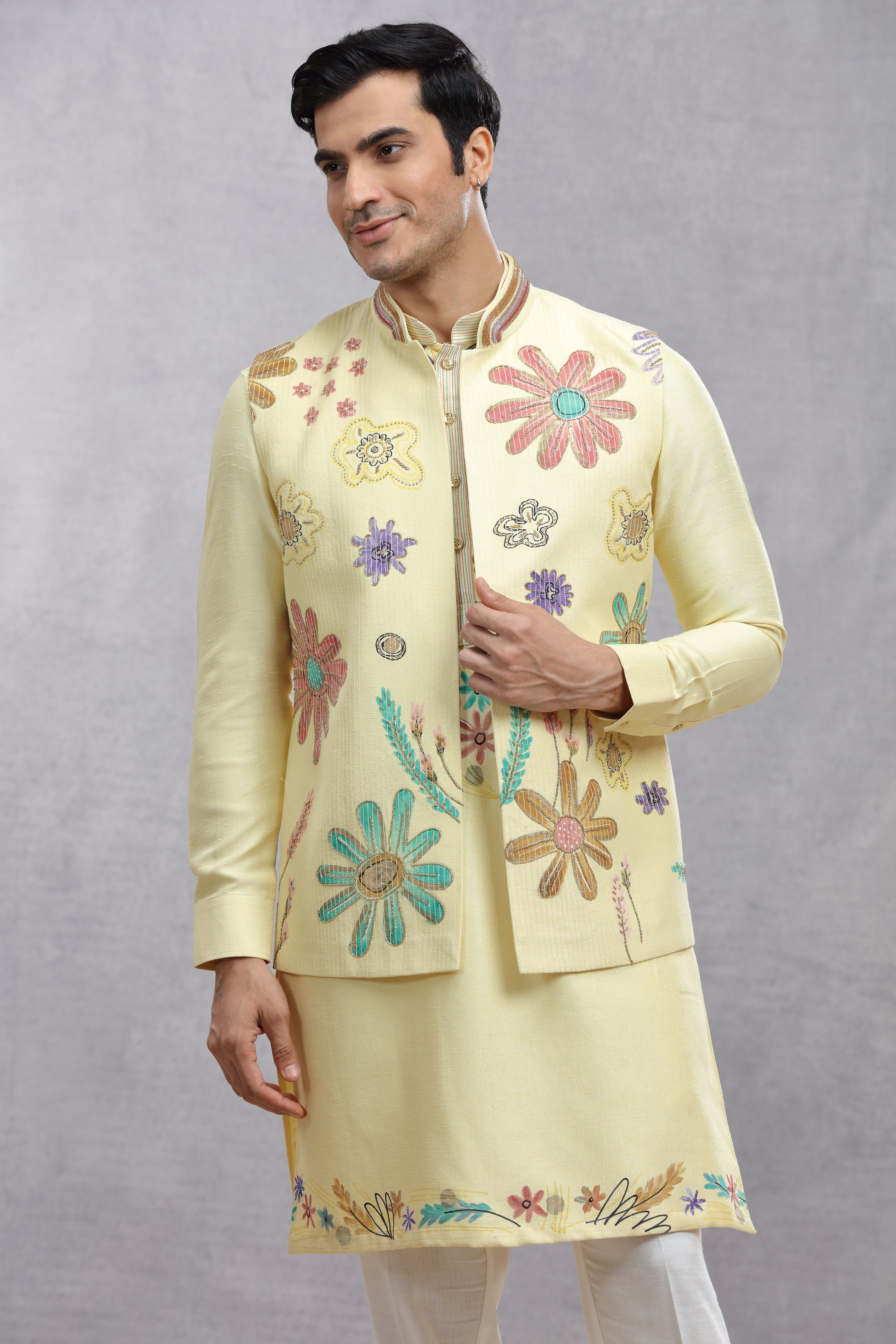 Butter Yellow Silk Koti & Kurta with Hand Paint Embroidery