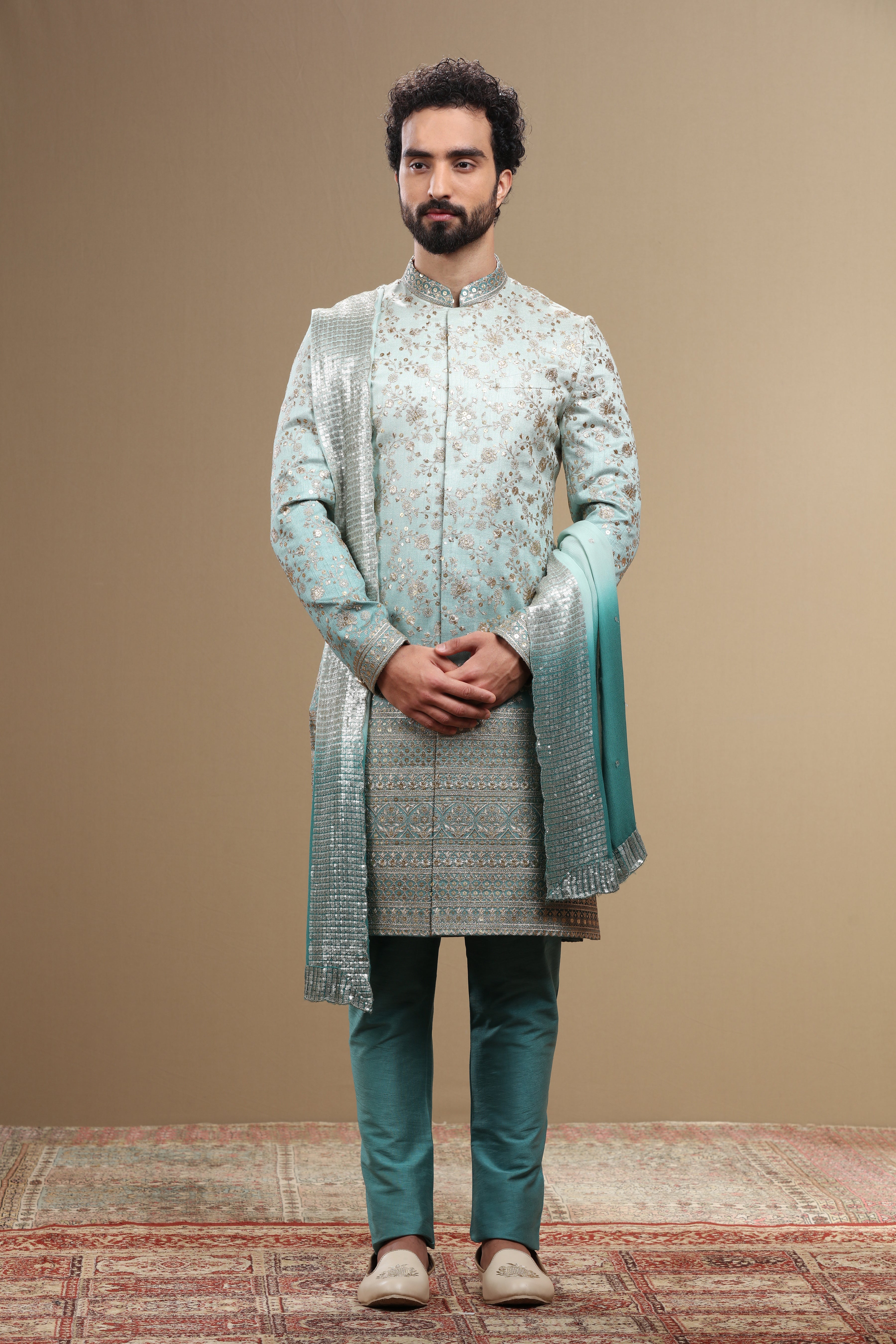 Blue Ombre Sherwani Set With Dupatta (S) 36 Blue