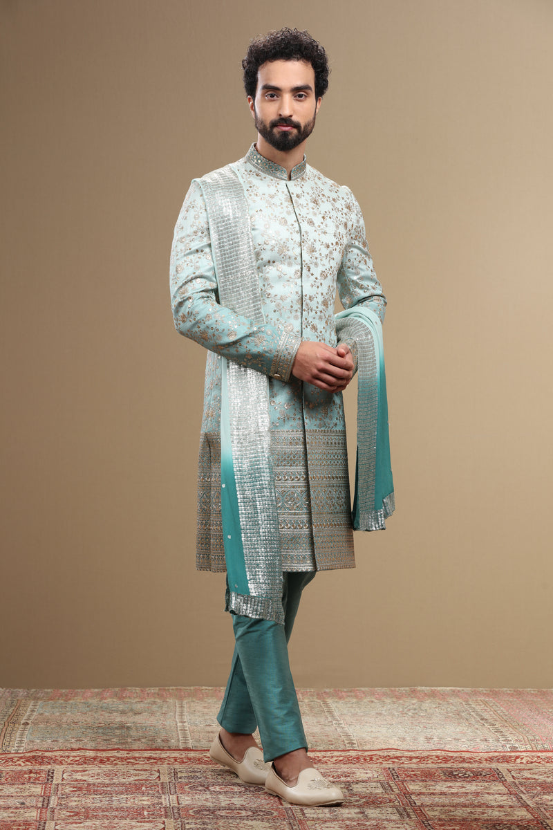 Blue Ombre Sherwani Set With Dupatta