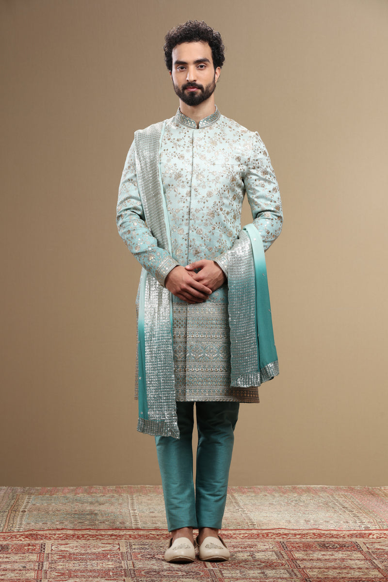 Blue Ombre Sherwani Set With Dupatta