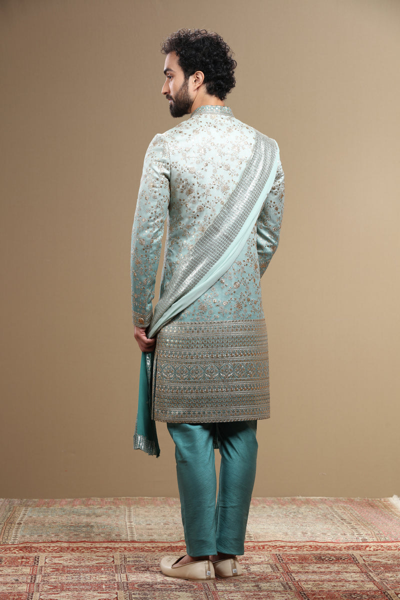 Blue Ombre Sherwani Set With Dupatta