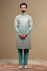 Blue Ombre Sherwani Set With Dupatta