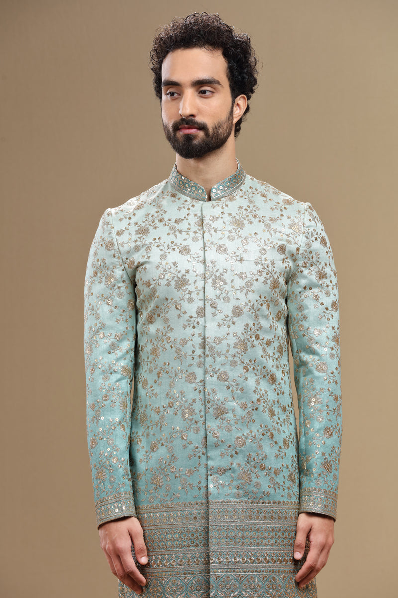 Blue Ombre Sherwani Set With Dupatta