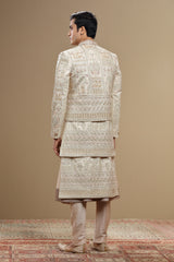 Cream Hand Embroidered Silk Sherwani Set With Anarkali