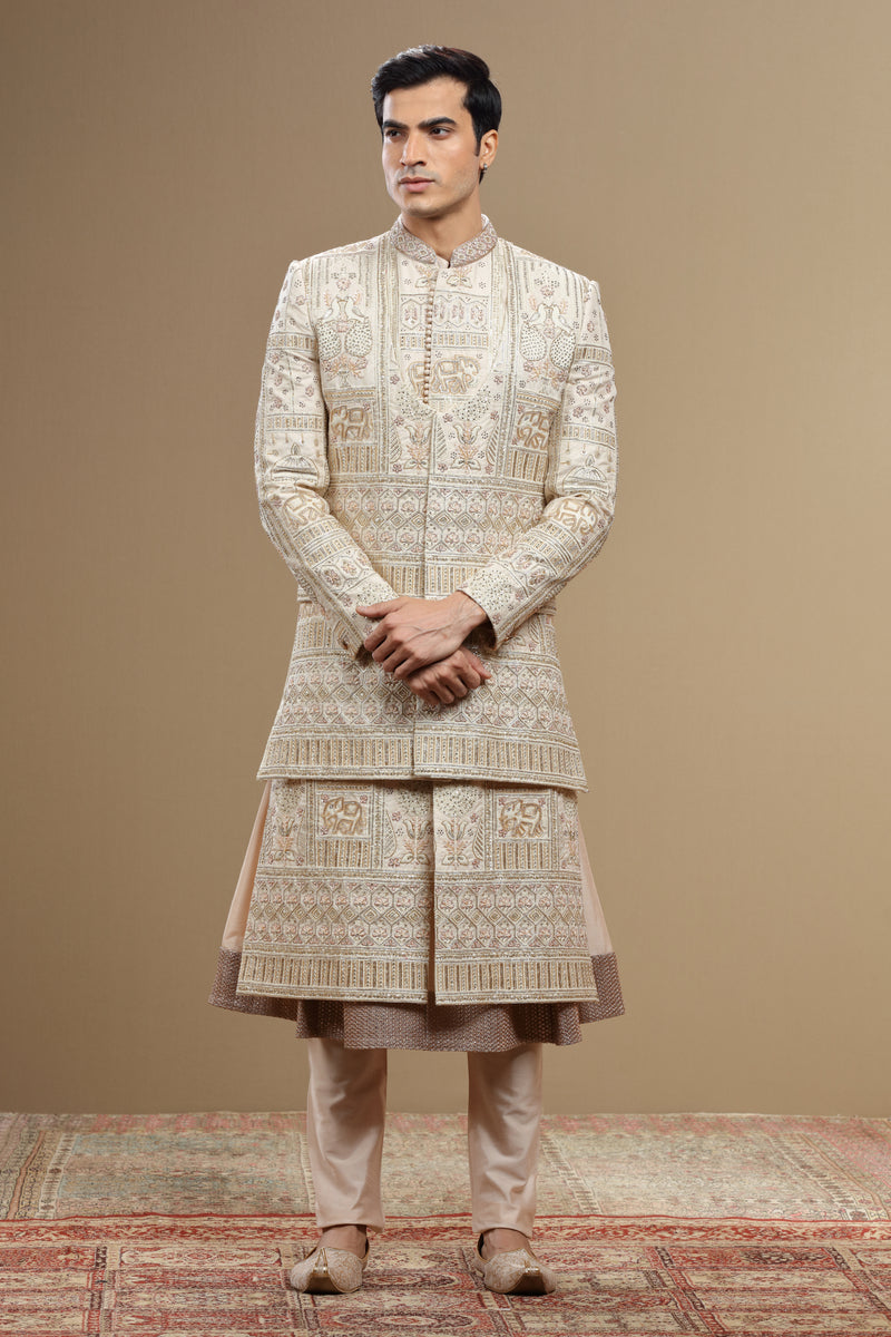 Cream Hand Embroidered Silk Sherwani Set With Anarkali