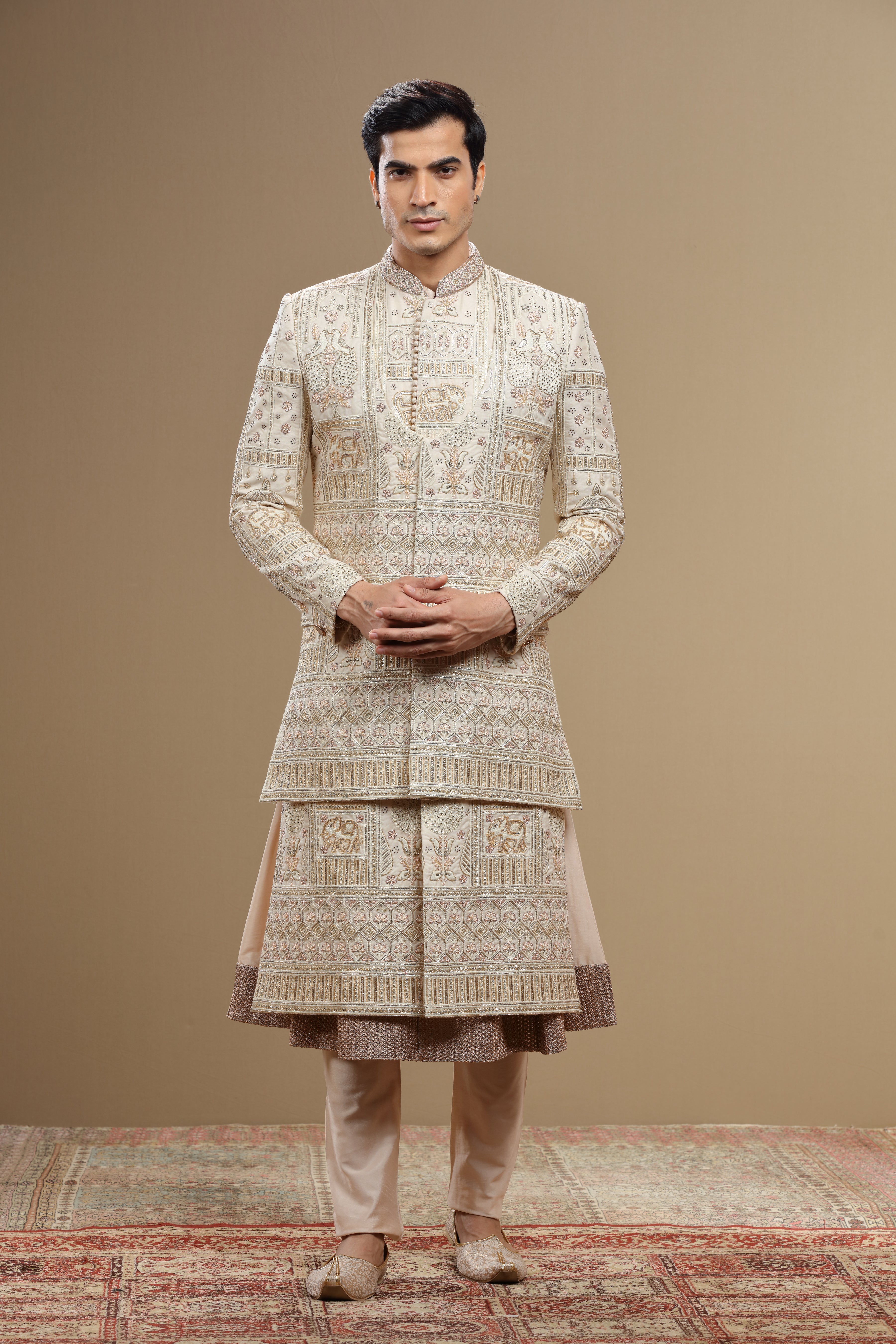 Cream Hand Embroidered Silk Sherwani Set With Anarkali - Shreeman