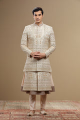 Cream Hand Embroidered Silk Sherwani Set With Anarkali