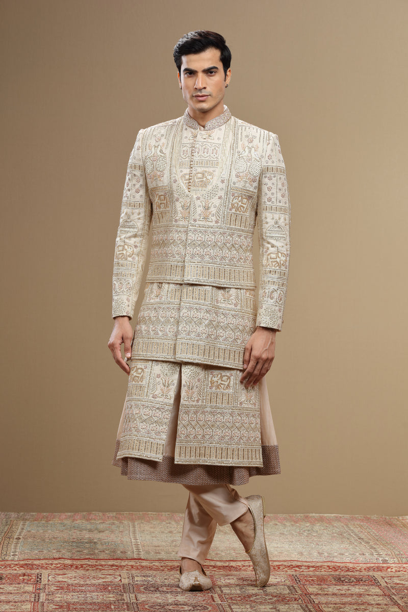 Cream Hand Embroidered Silk Sherwani Set With Anarkali
