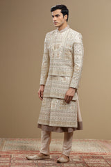 Cream Hand Embroidered Silk Sherwani Set With Anarkali