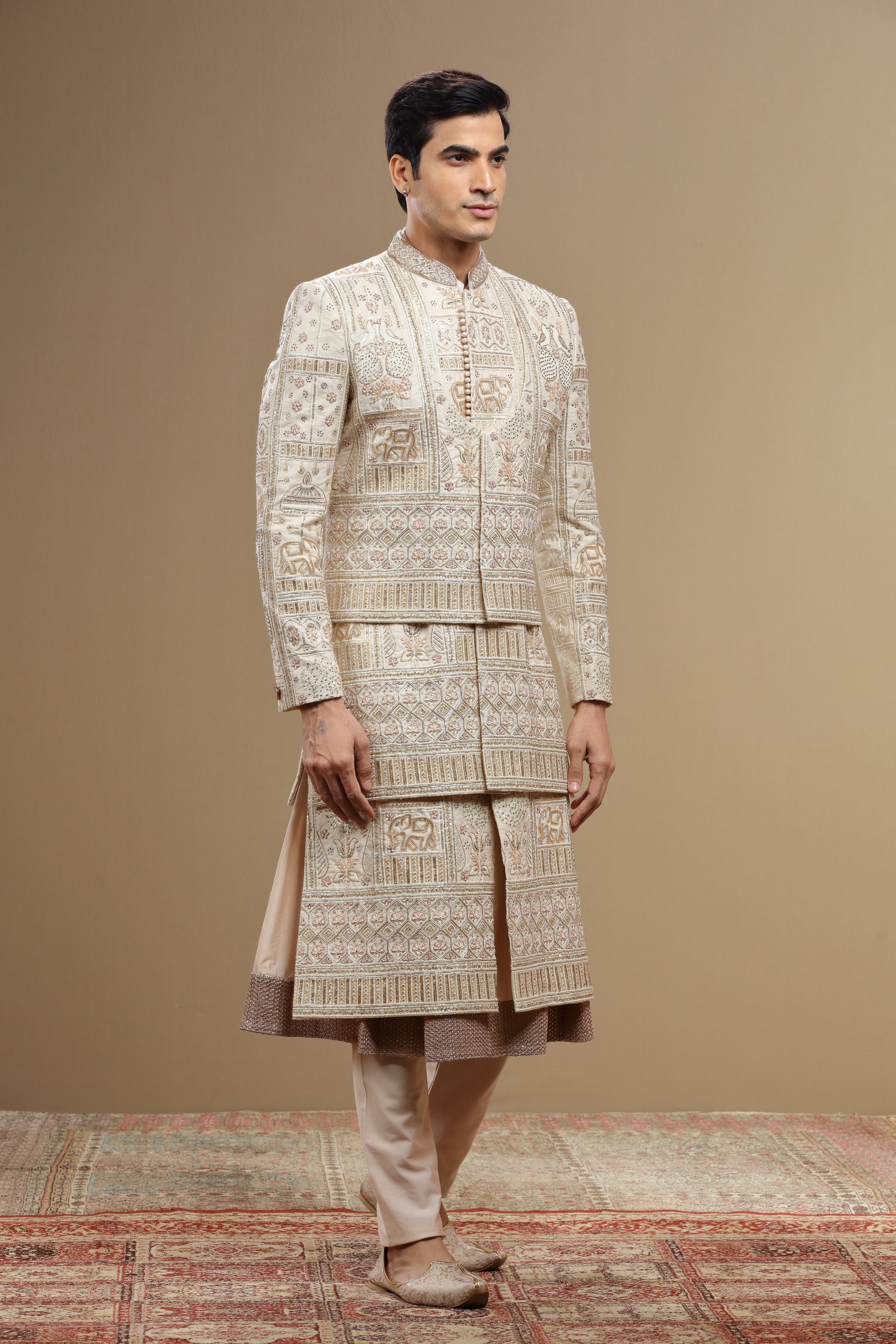 Cream Hand Embroidered Silk Sherwani Set With Anarkali (S) 36 Cream