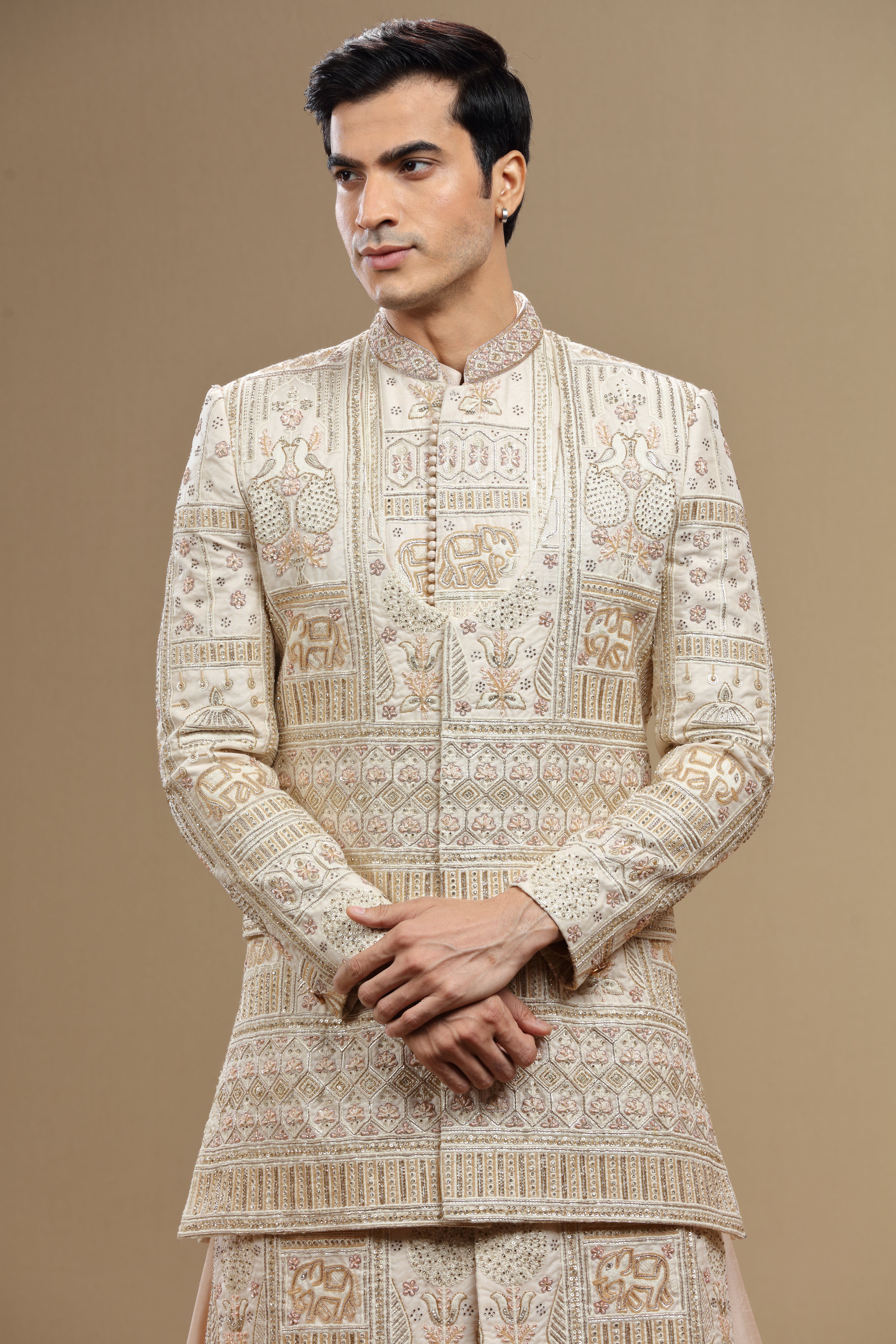 Cream Hand Embroidered Silk Sherwani Set With Anarkali - Shreeman