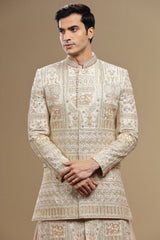 Cream Hand Embroidered Silk Sherwani Set With Anarkali