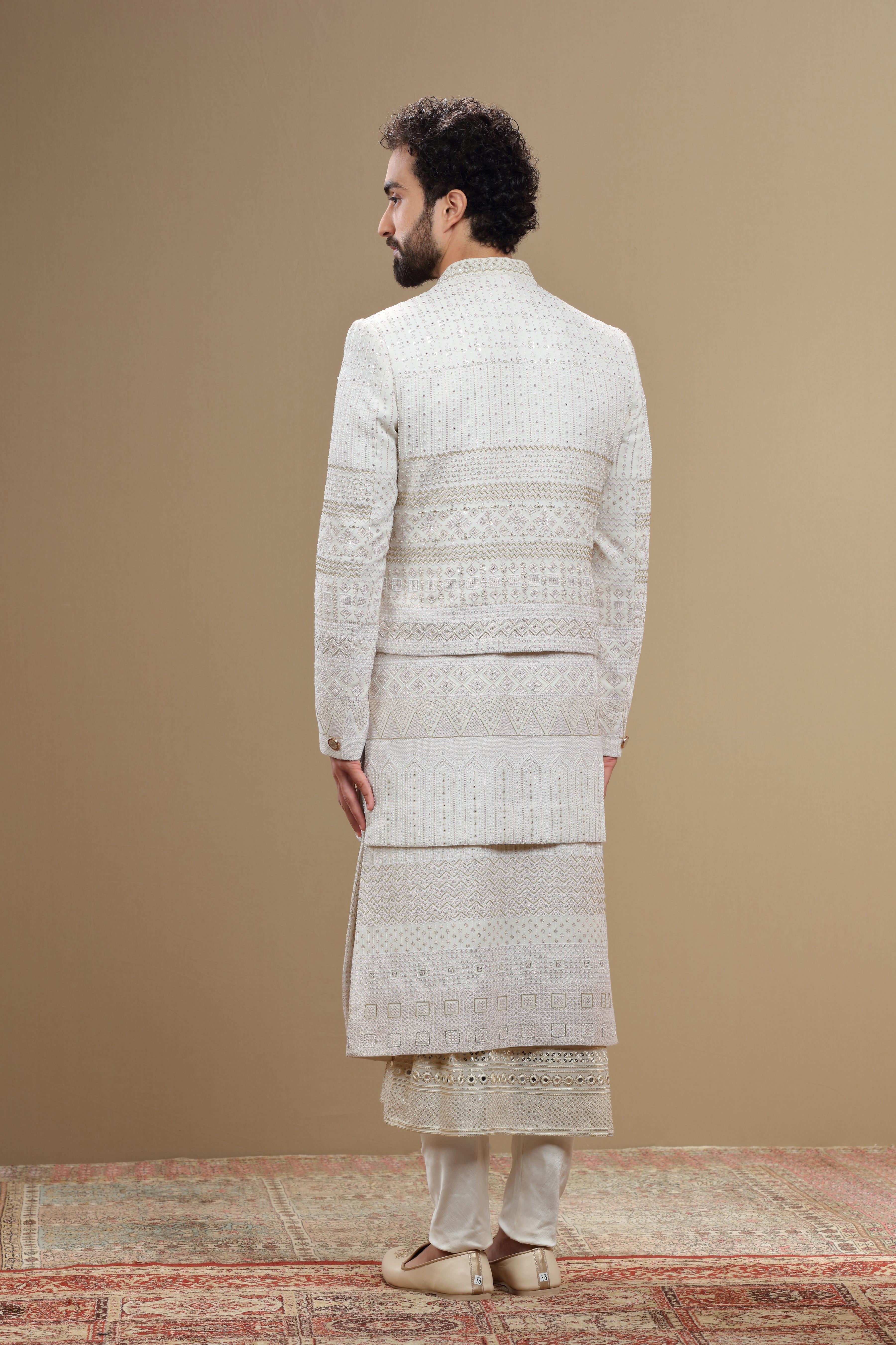 Ivory Silk Sherwani Set With Resham Sequin Embroidery - Shreeman