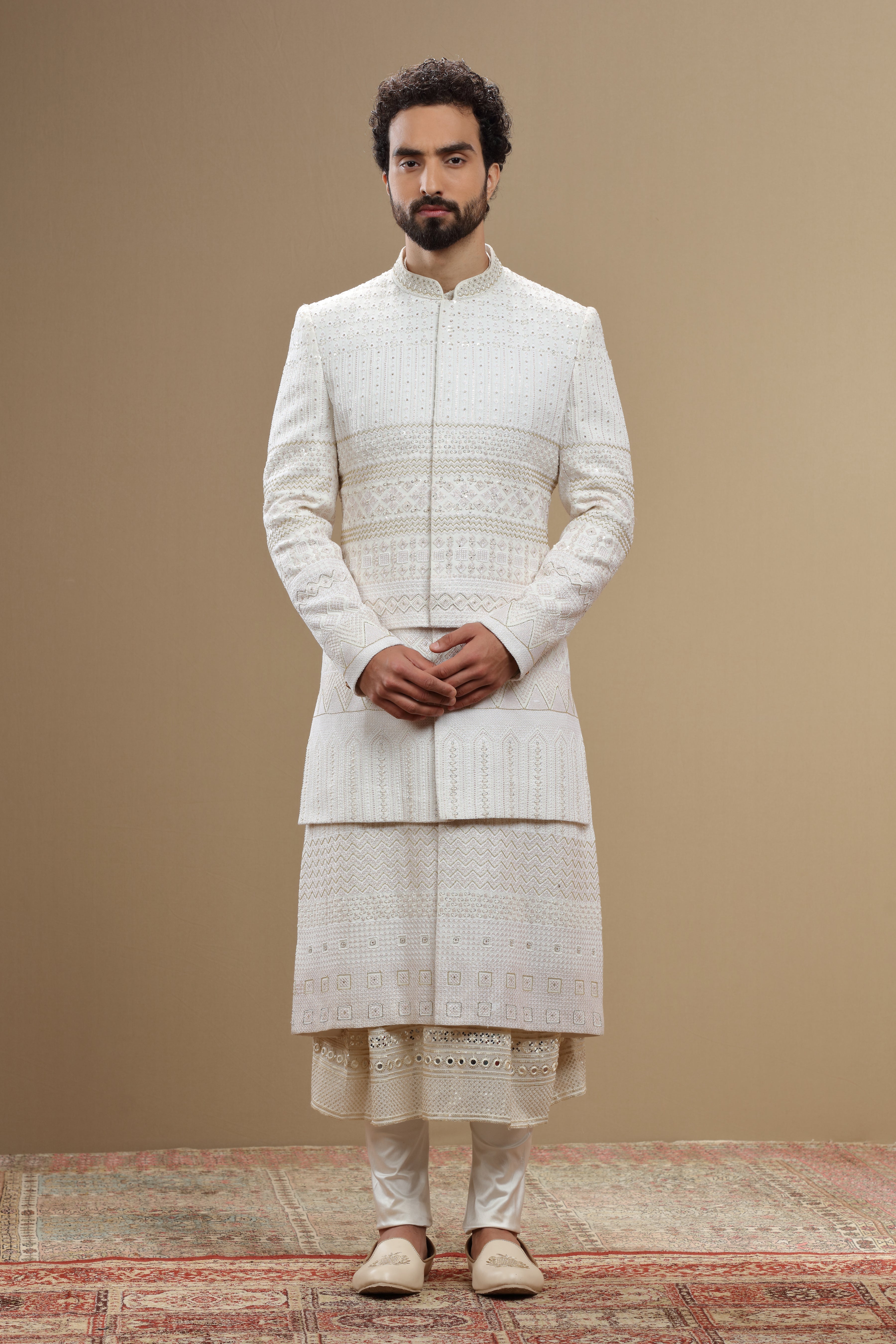 Ivory Silk Sherwani Set With Resham Sequin Embroidery - Shreeman