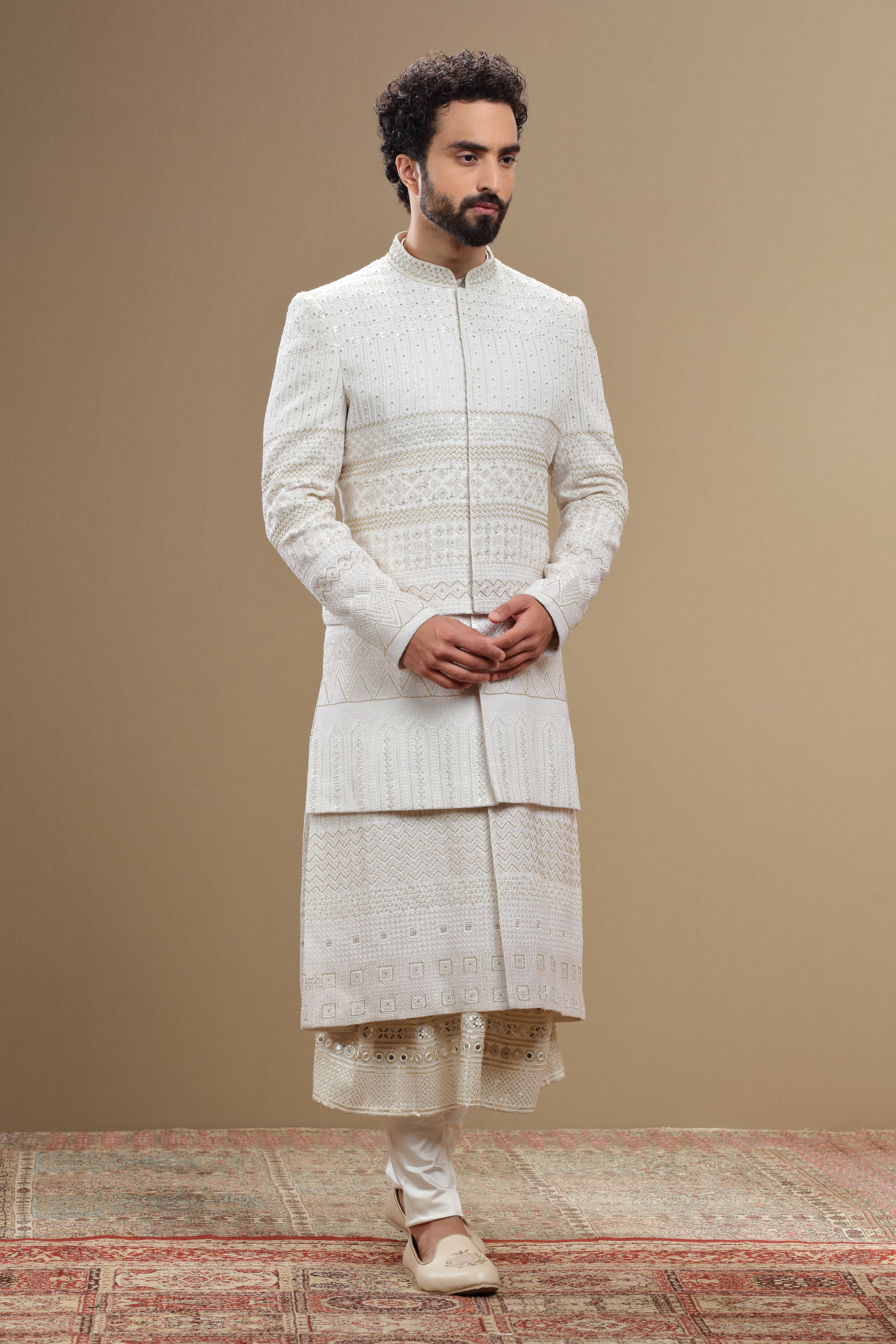 Ivory Silk Sherwani Set With Resham Sequin Embroidery - Shreeman