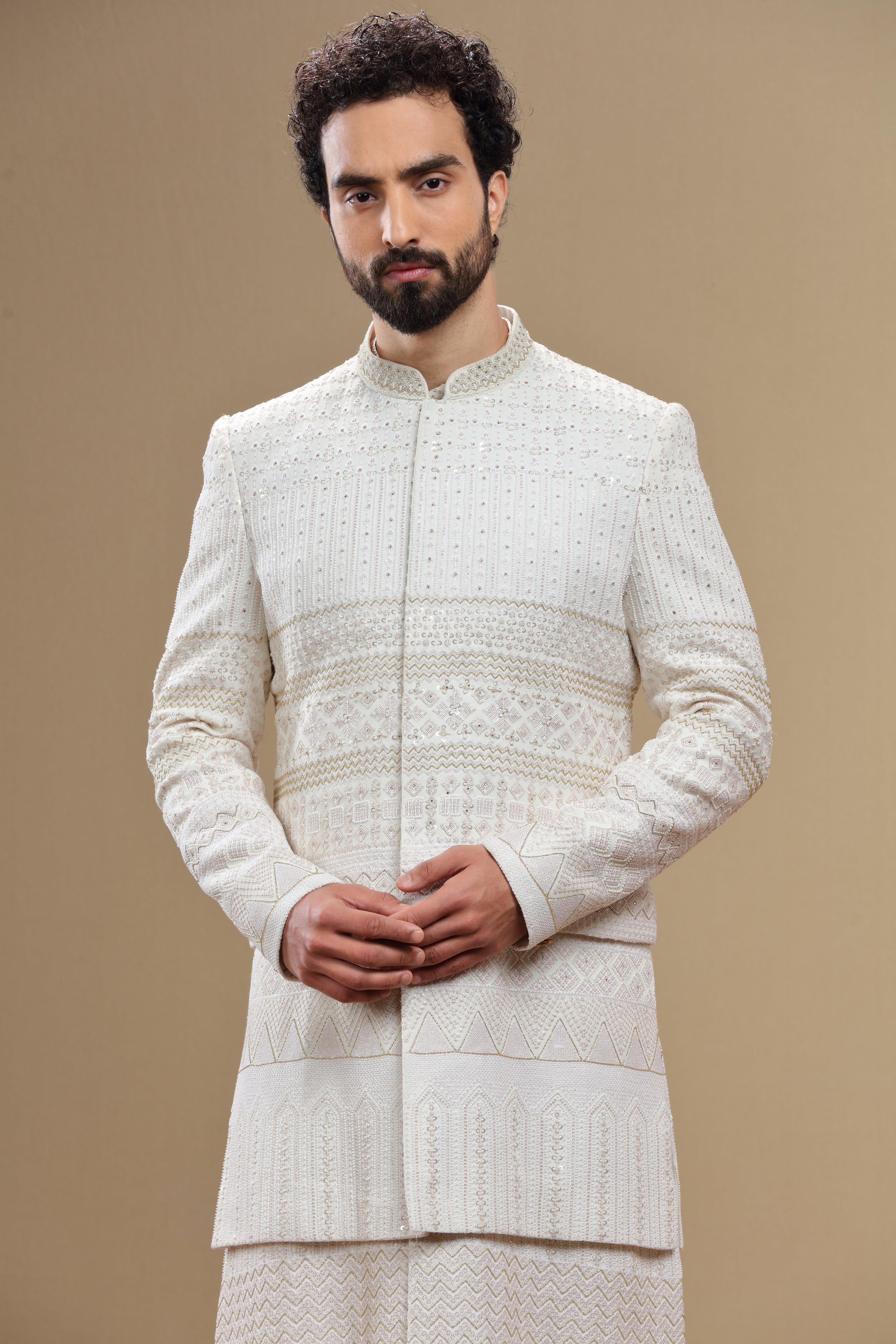 Ivory Silk Sherwani Set With Resham Sequin Embroidery - Shreeman