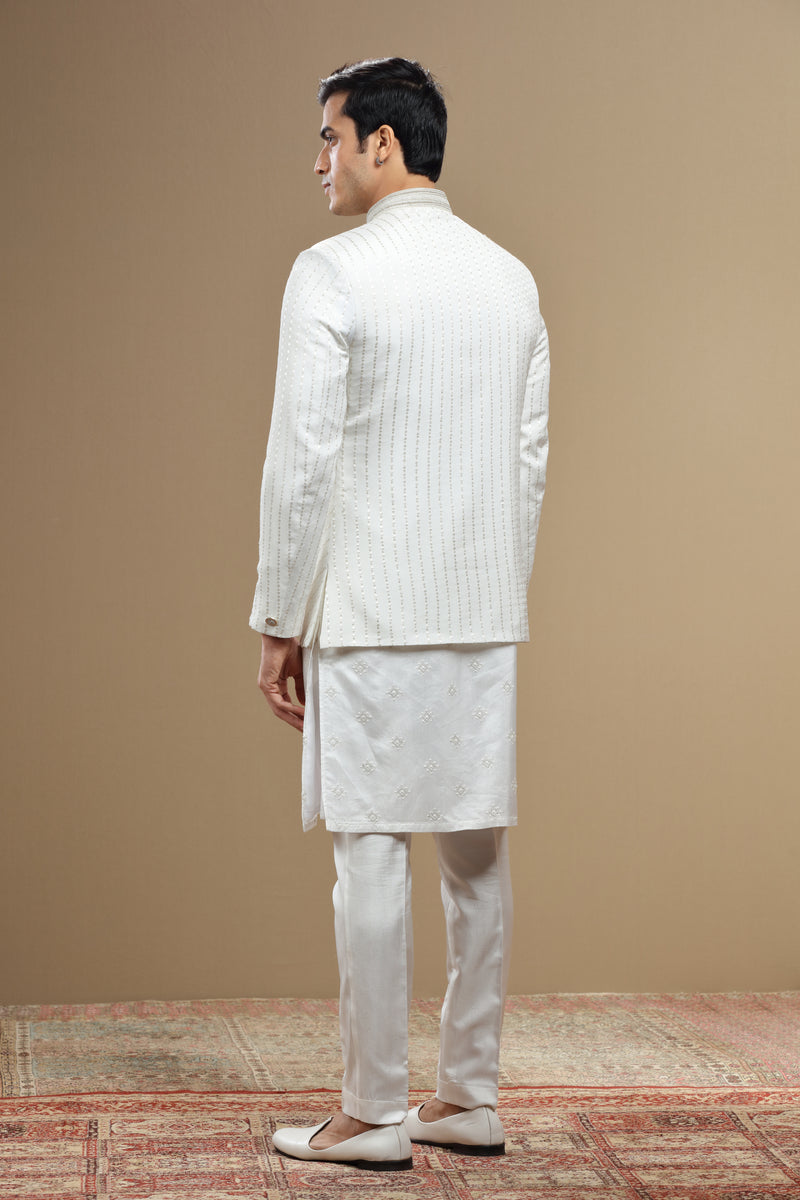 Ivory silk embroidered  sherwani set with anarkali